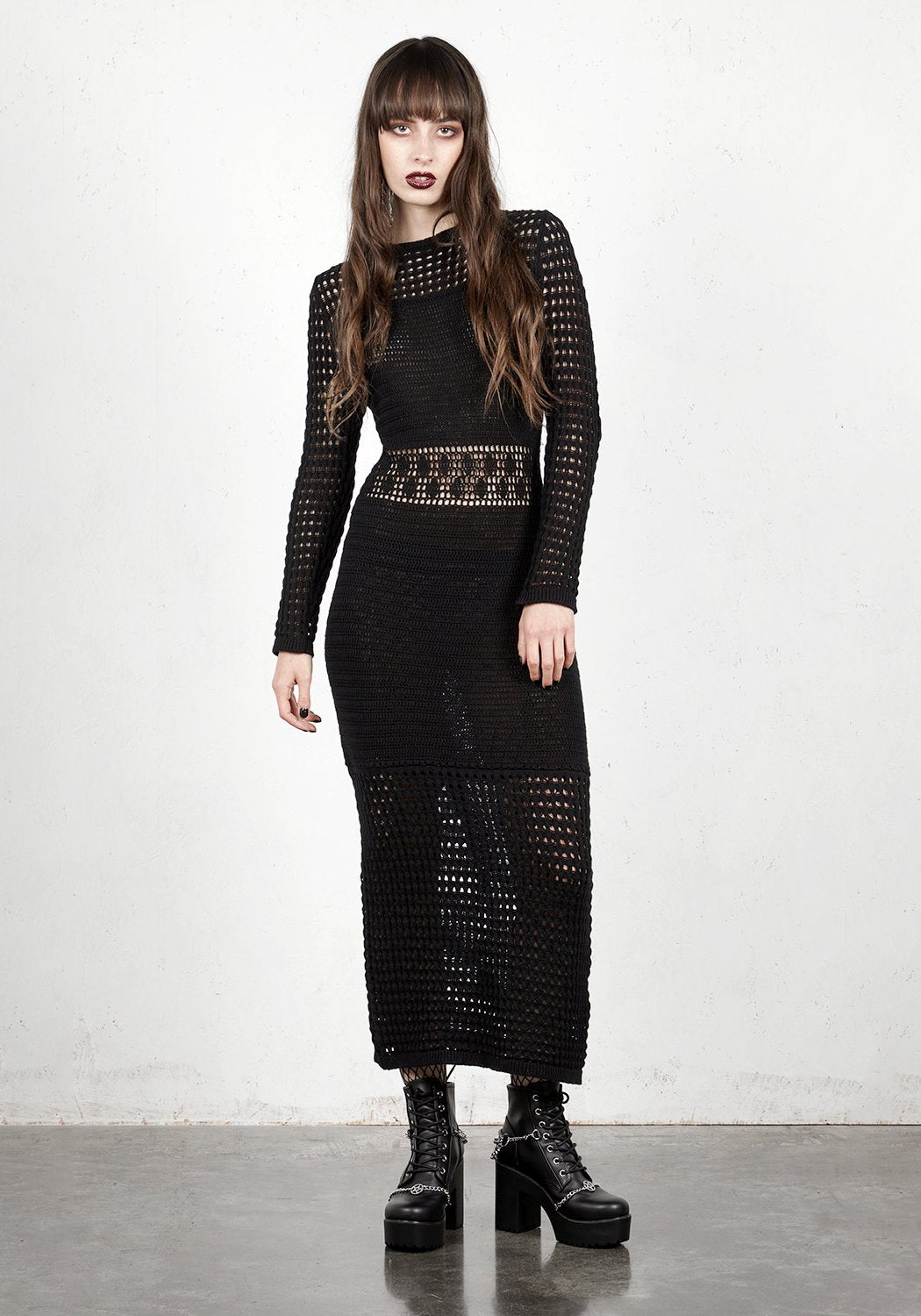 Black Crochet Midi Dress with Hollow Knit & Waist Panel | Louche Design