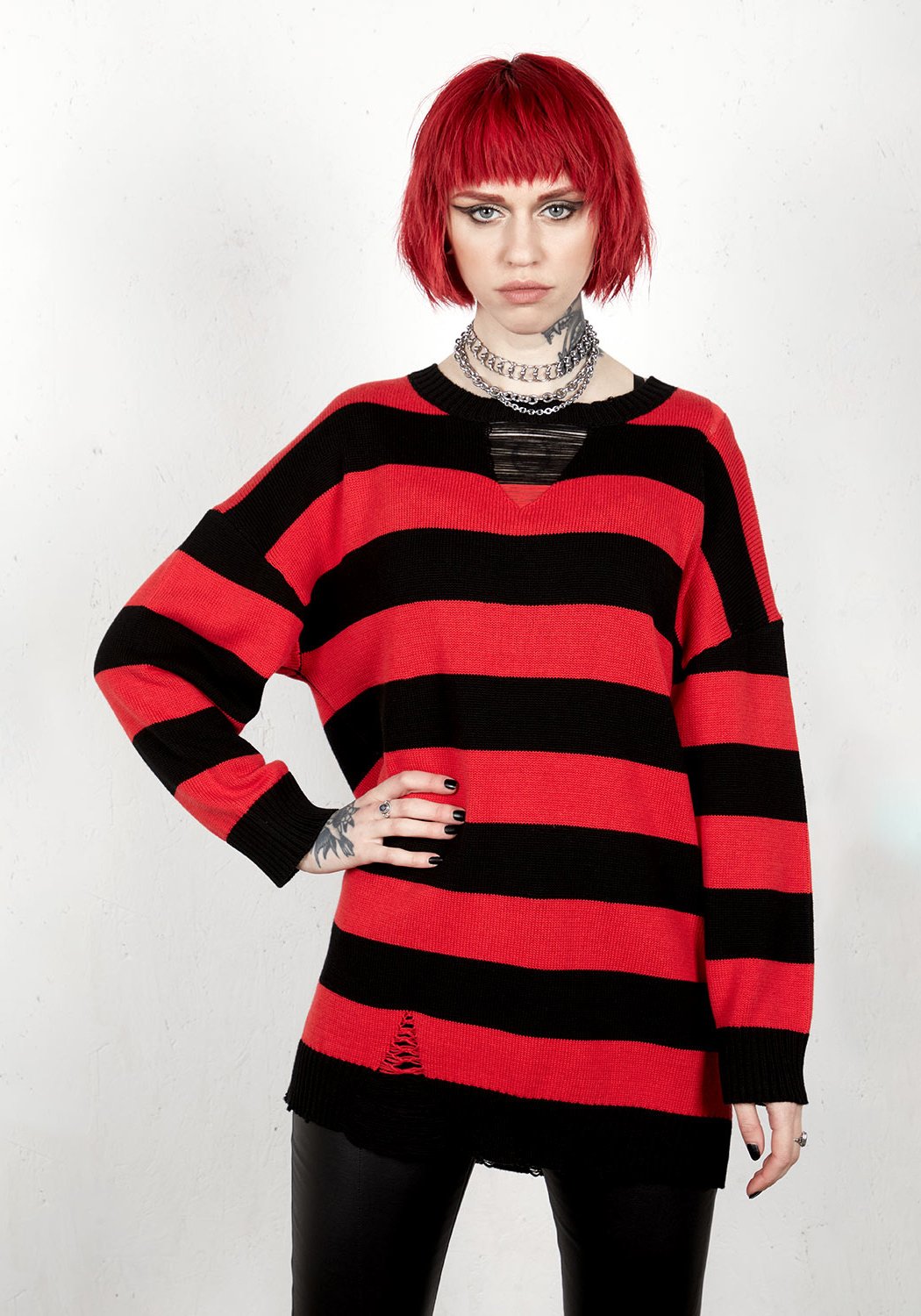 Ripped Black & Red Striped Sweater with Dropped Shoulders | Sliver Destro