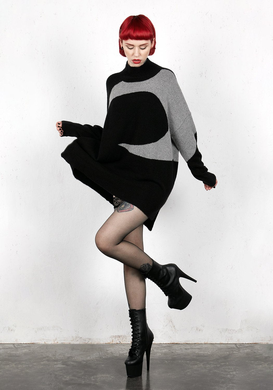 Oversized Mock Neck Longline Sweater with Moon Design | Luna