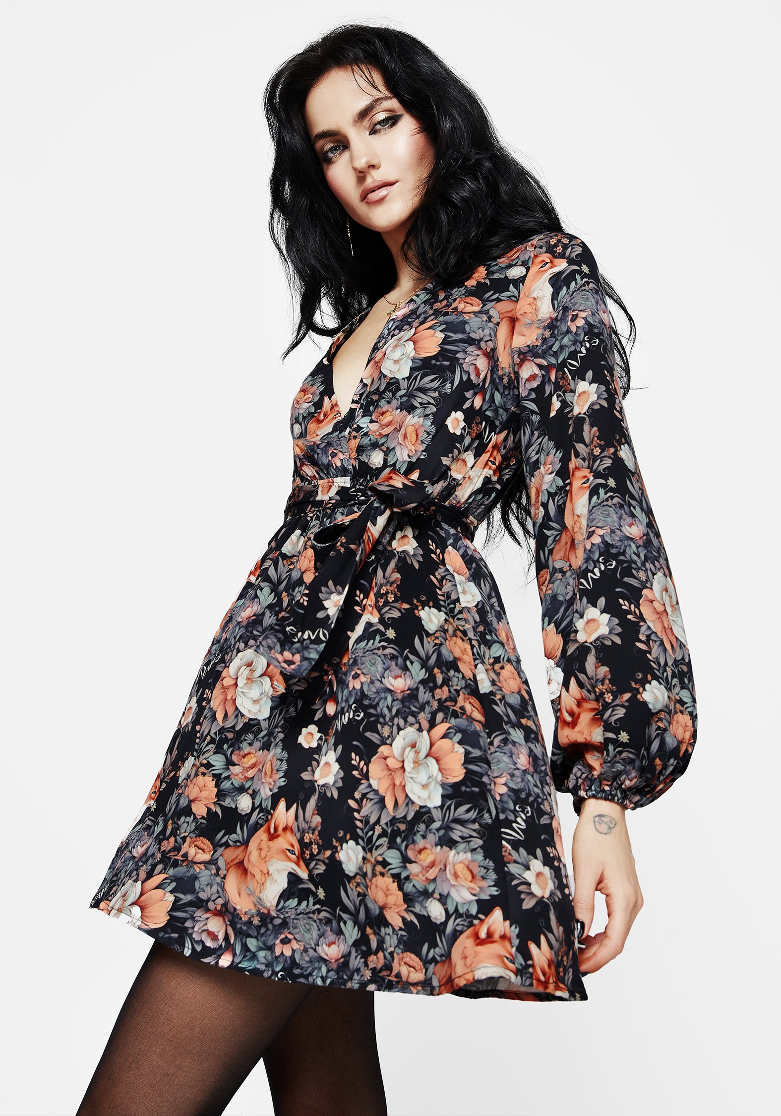 Floral Fox Print Mini Wrap Dress - Black & Orange | Reynard Fox