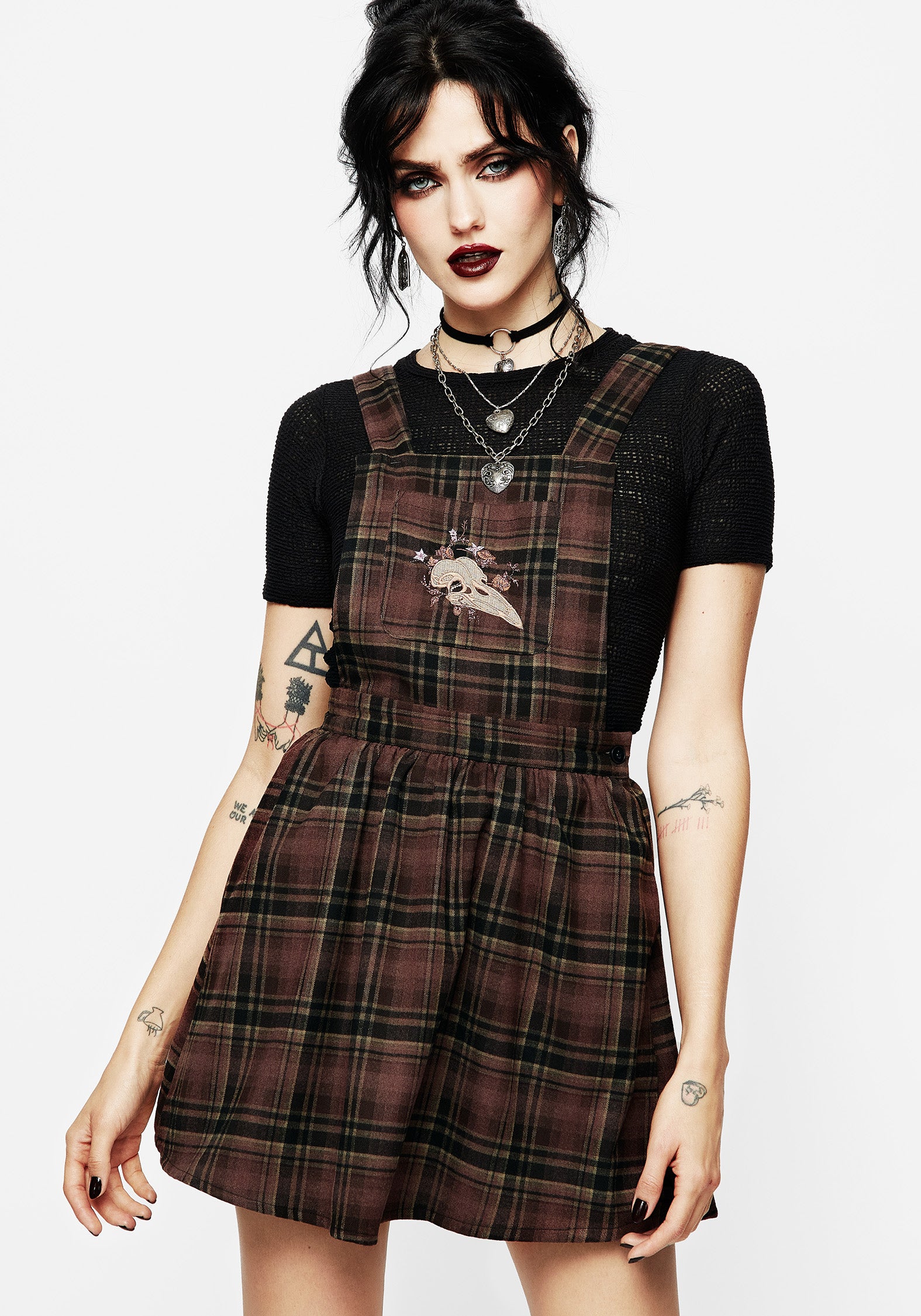 Black & Burgundy Check Mini Pinafore Dress with Skull Embroidery | Hickory