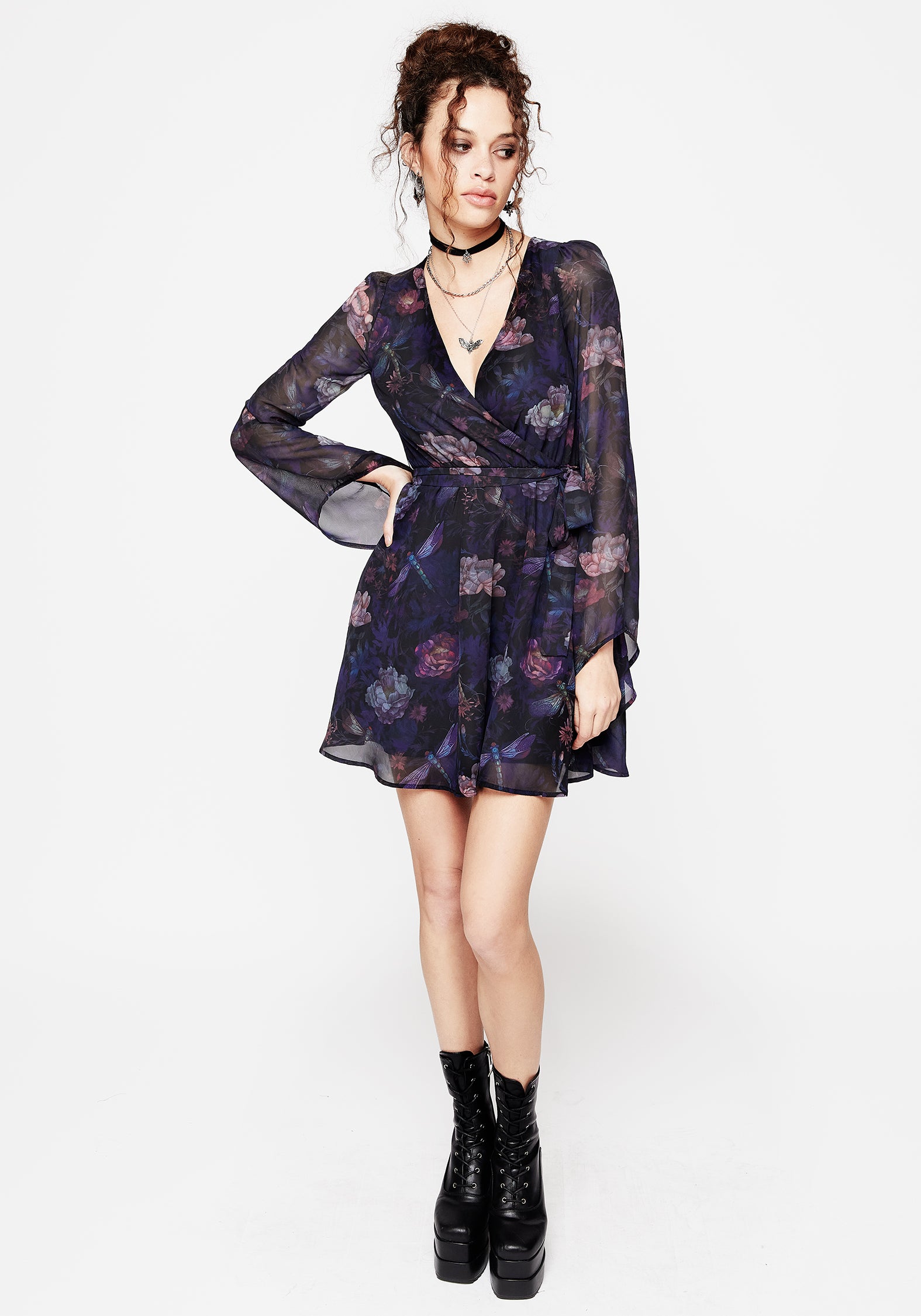 Dragonfly Print Chiffon Mini Dress with Flare Sleeves | Nubia