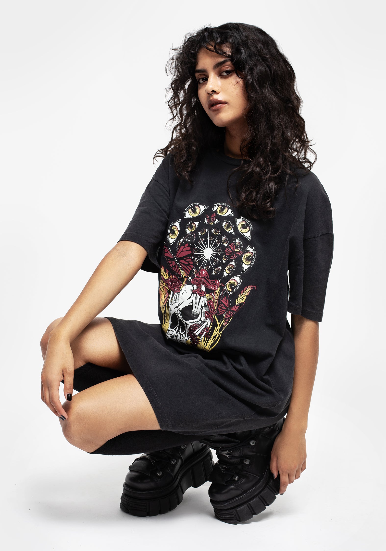 Skull & Mushroom Graphic Tee Dress | Soft Cotton Jersey
