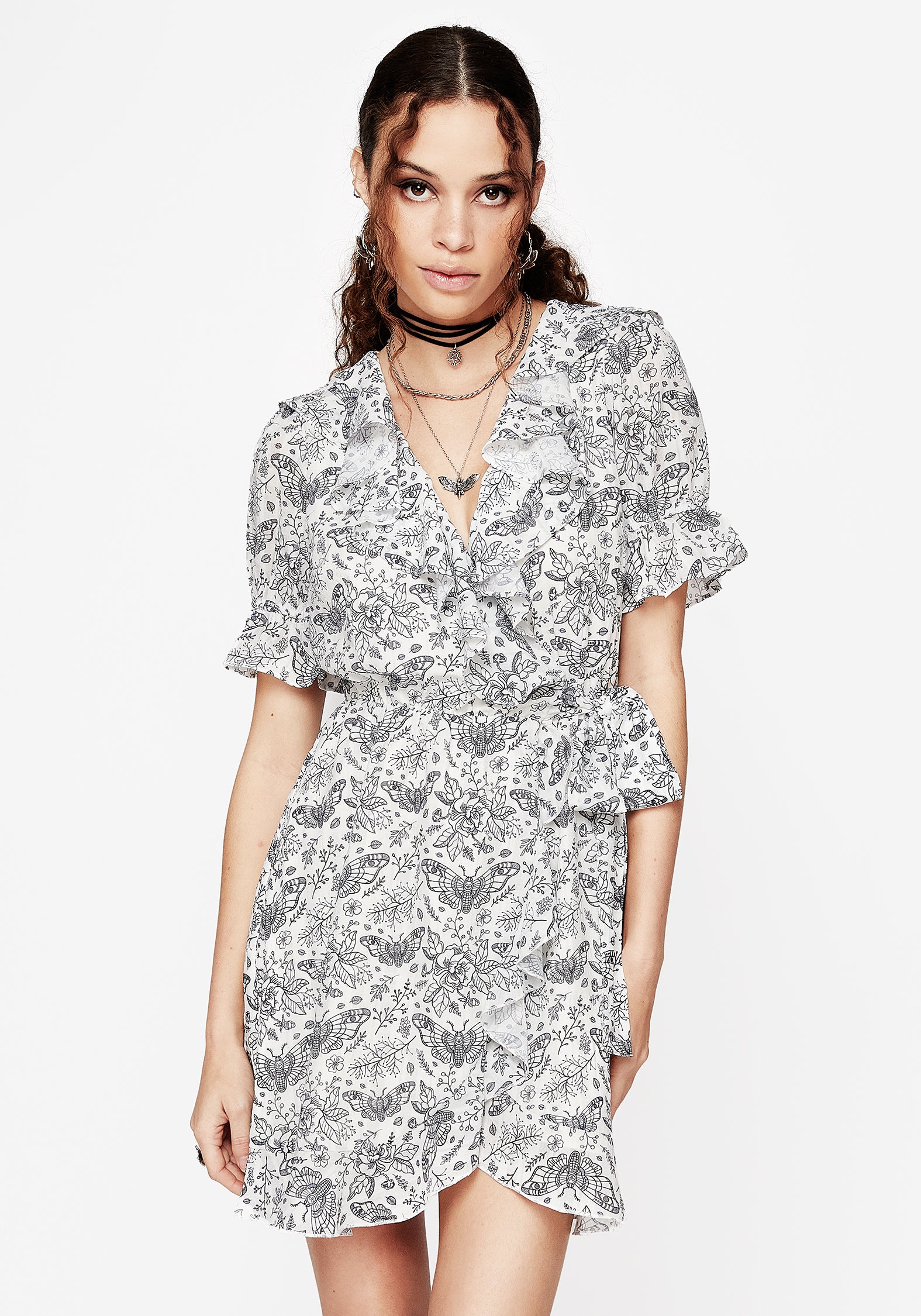 White Floral Moth Print Chiffon Wrap Dress | Rosamoth