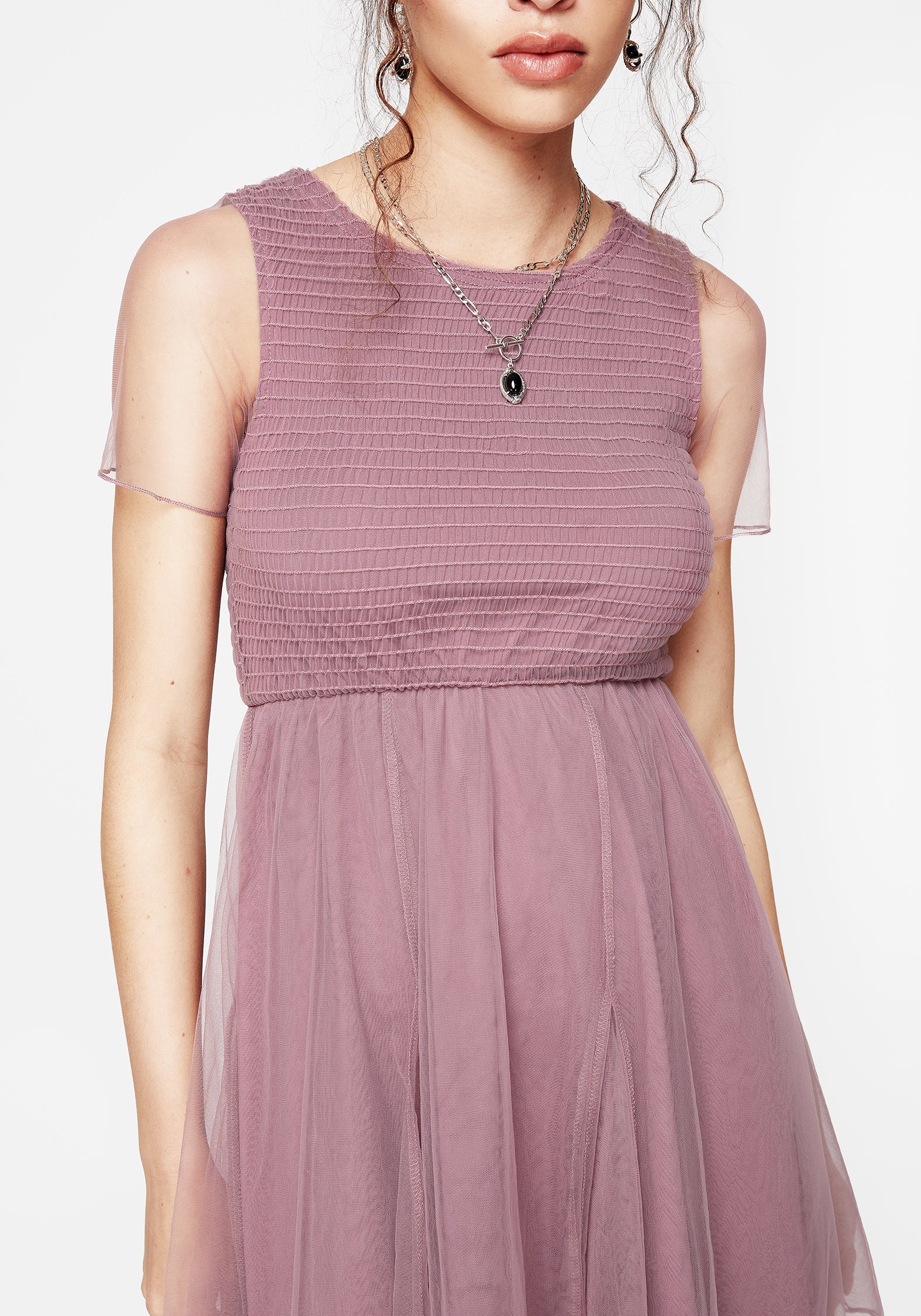 Purple Shirred Mesh Mini Dress with Godet Panels | Carolina Godet