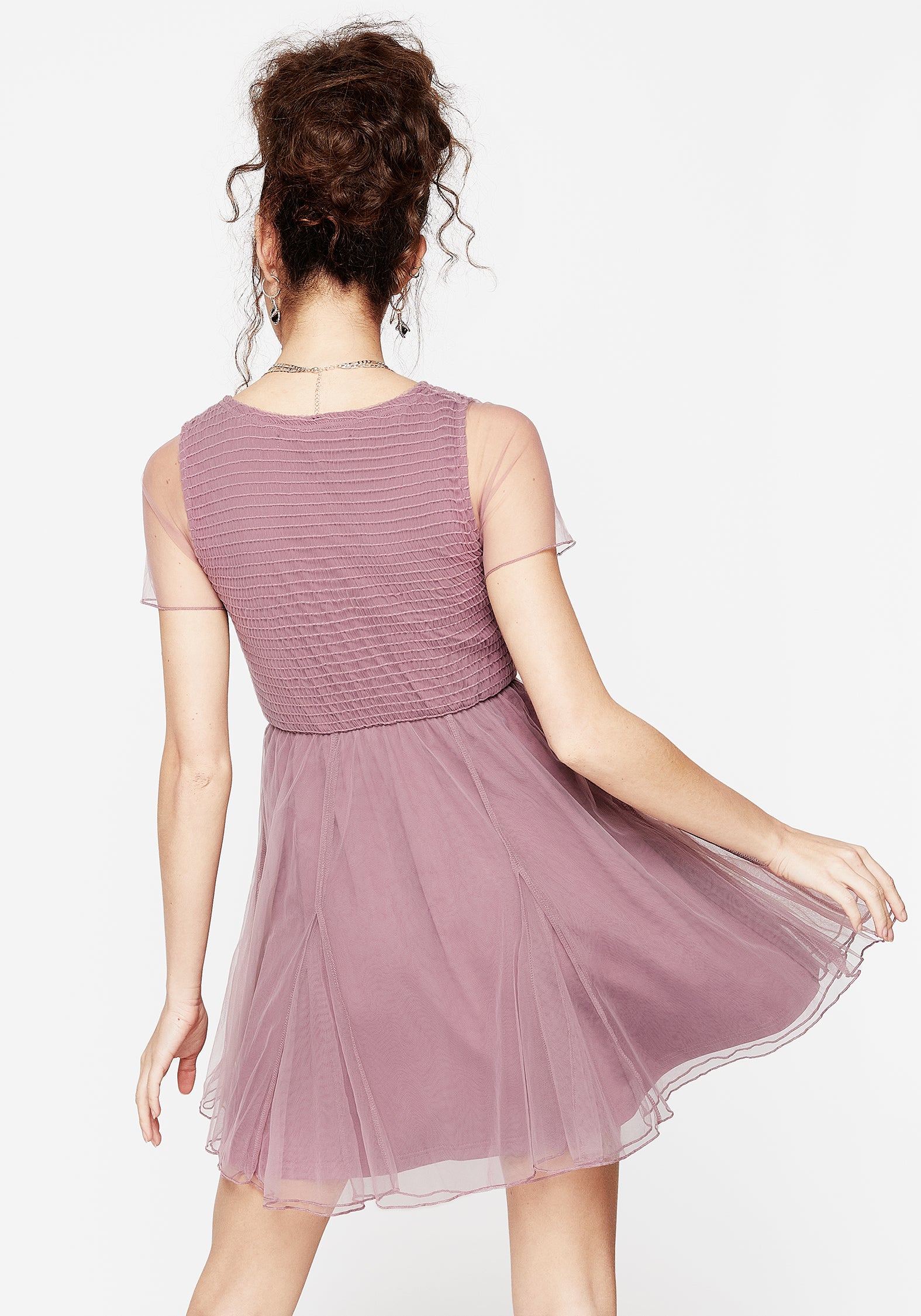 Purple Shirred Mesh Mini Dress with Godet Panels | Carolina Godet