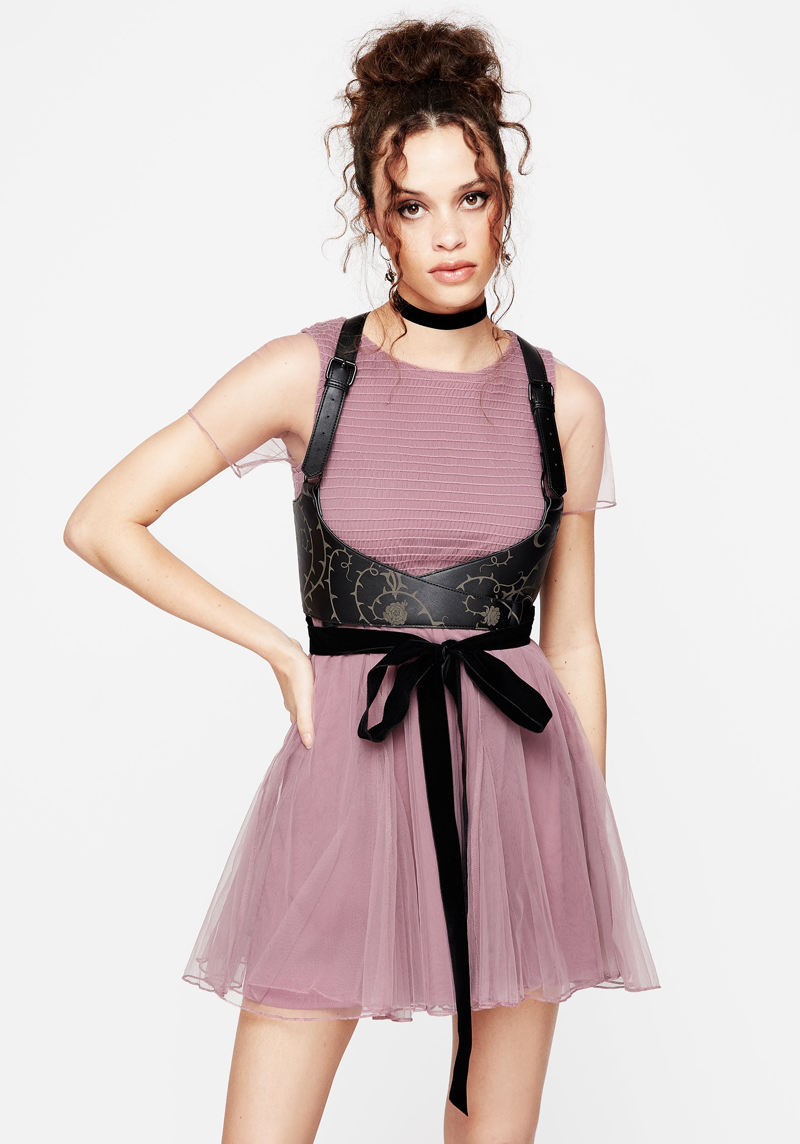 Purple Shirred Mesh Mini Dress with Godet Panels | Carolina Godet