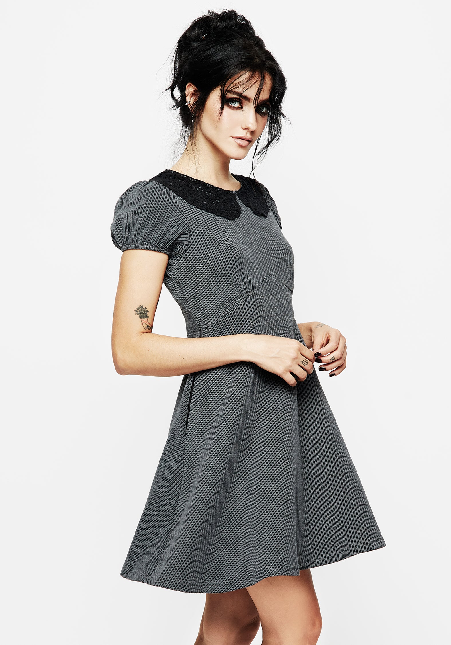 Grey Striped Mini Skater Dress with Lace Collar | Poet