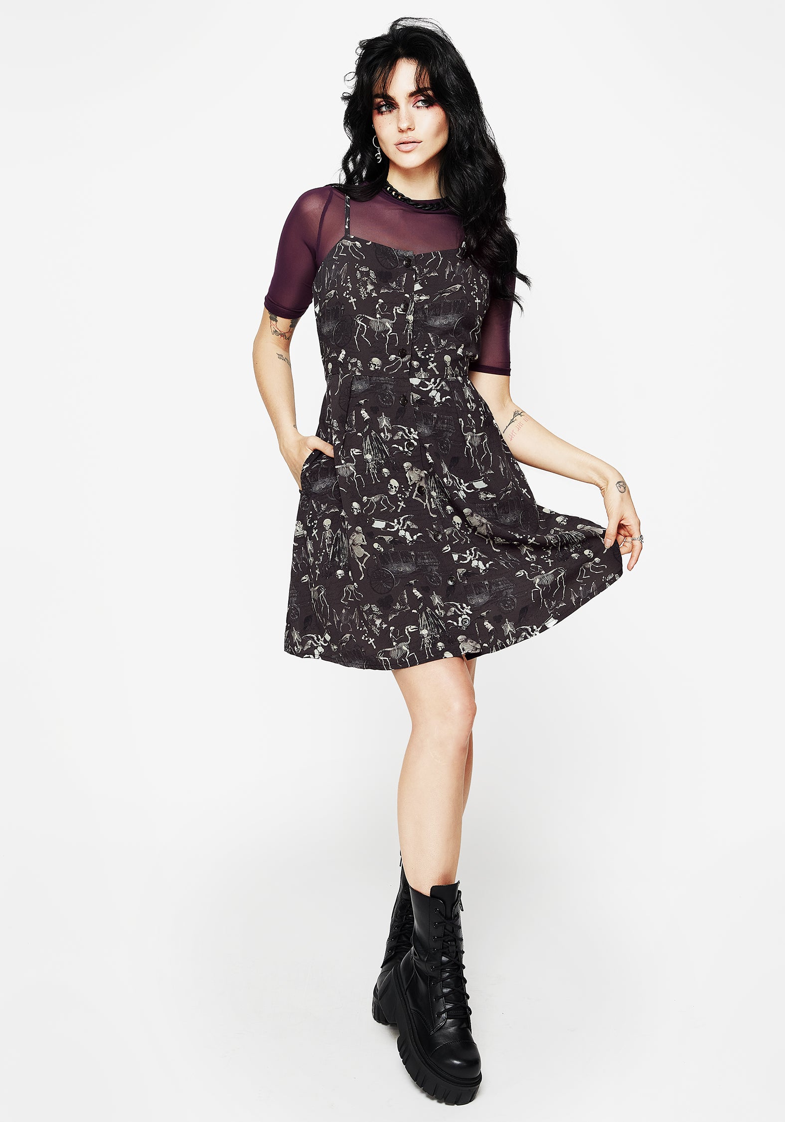 Gothic Victorian Mini Apron Dress with Skeleton Print | Melancholia
