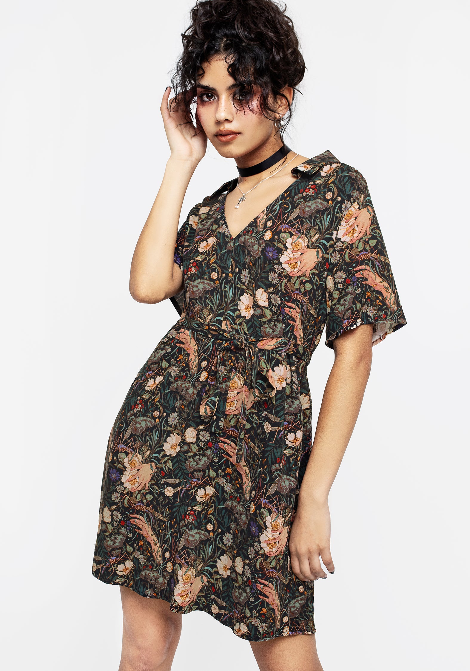 Green Floral Viscose Mini Dress with Collar & Belt | Ophelia