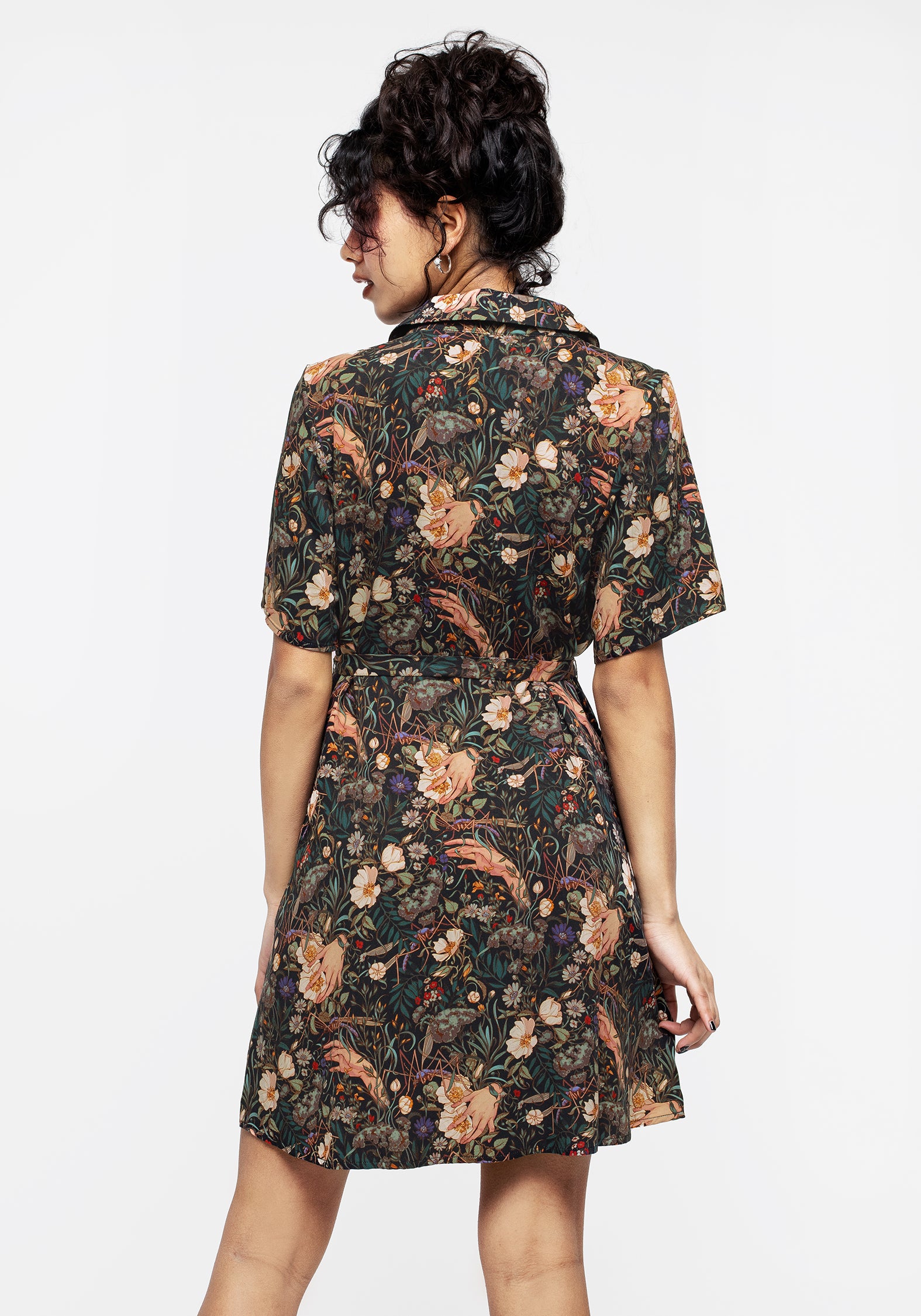 Green Floral Viscose Mini Dress with Collar & Belt | Ophelia