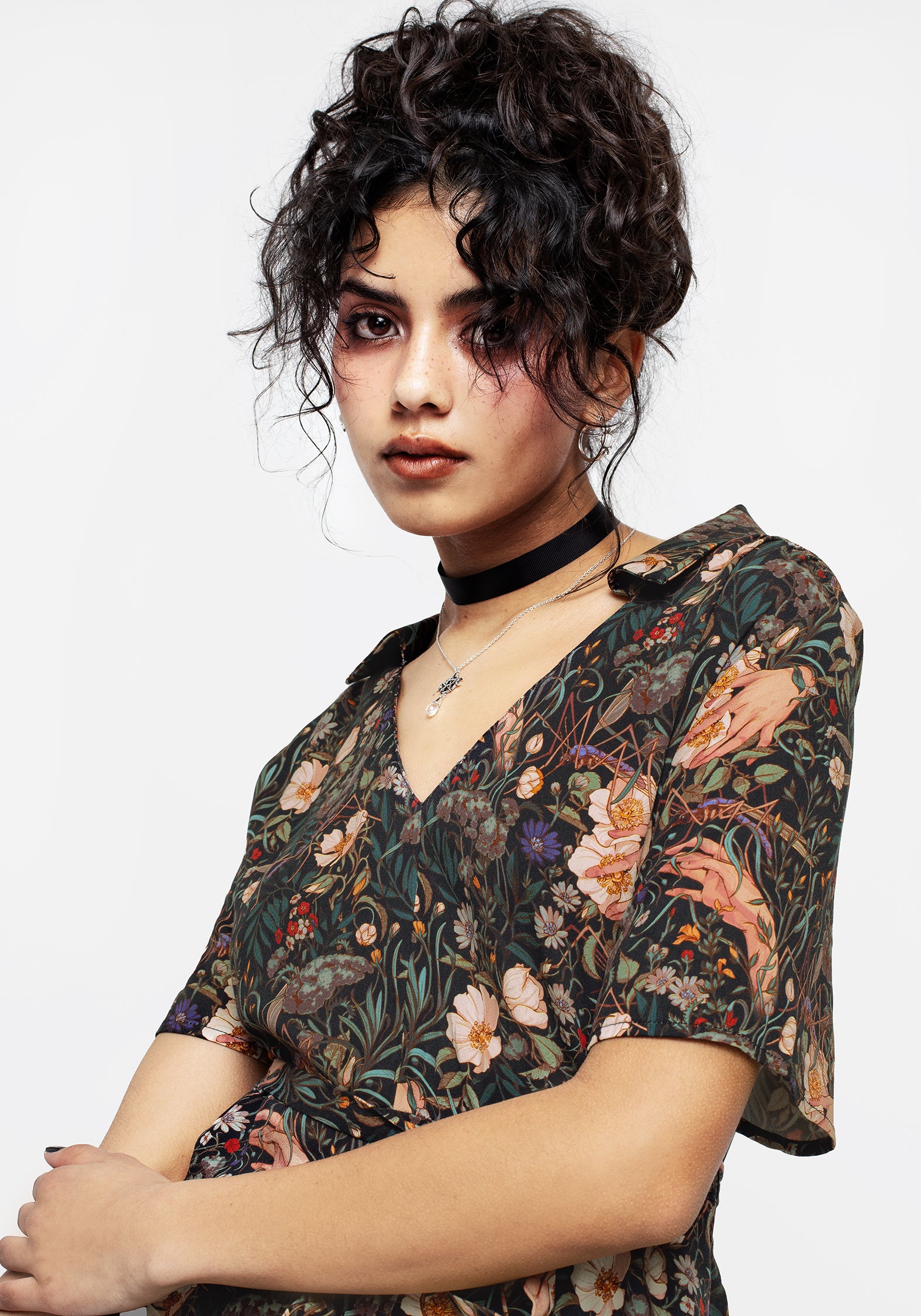 Green Floral Viscose Mini Dress with Collar & Belt | Ophelia