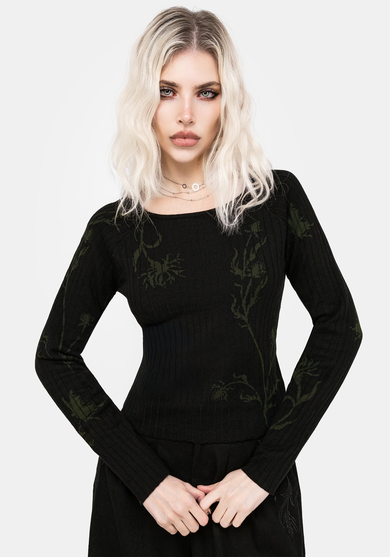 Black Floral Jacquard Rib Knit Top | Diastella