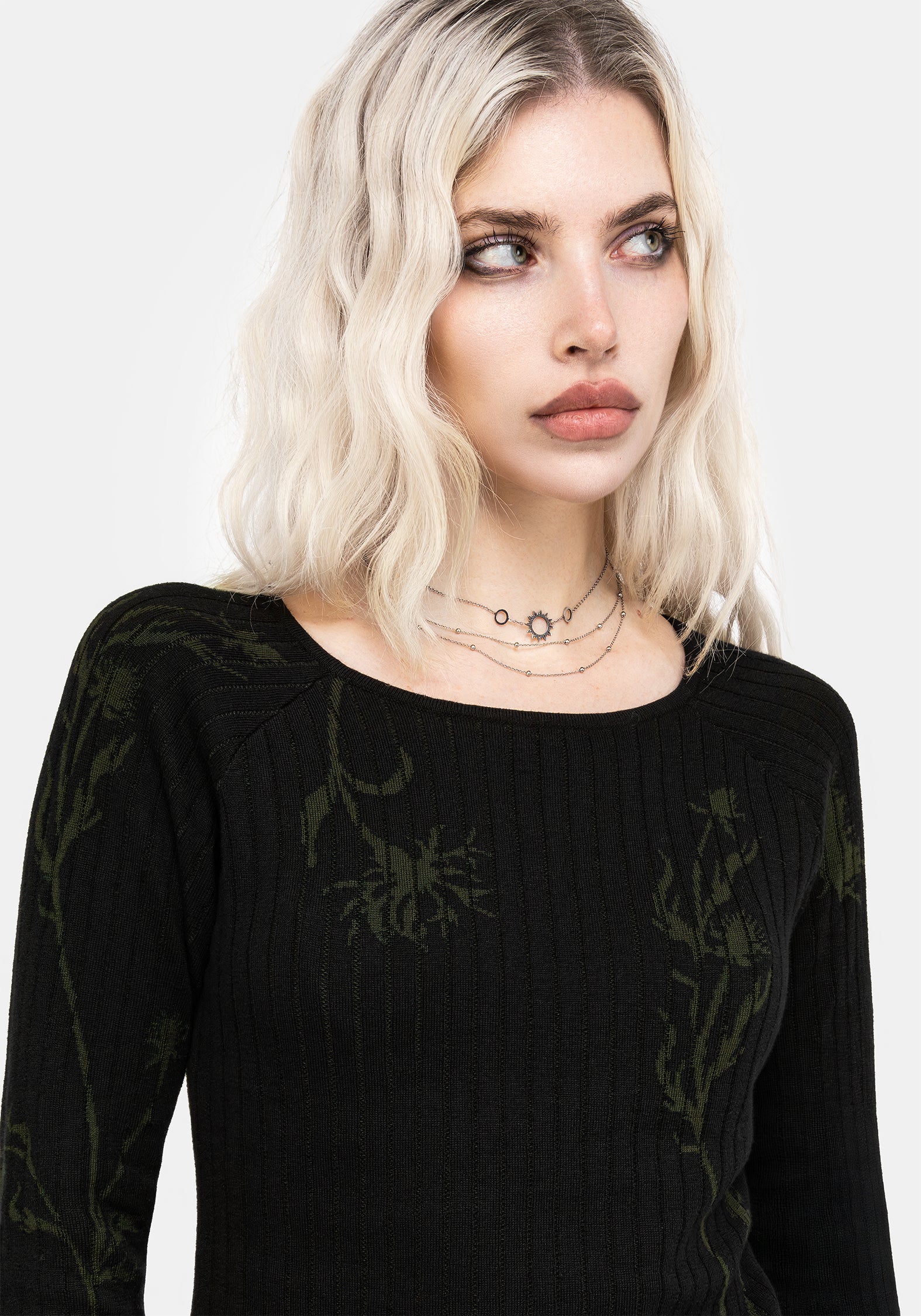 Black Floral Jacquard Rib Knit Top | Diastella