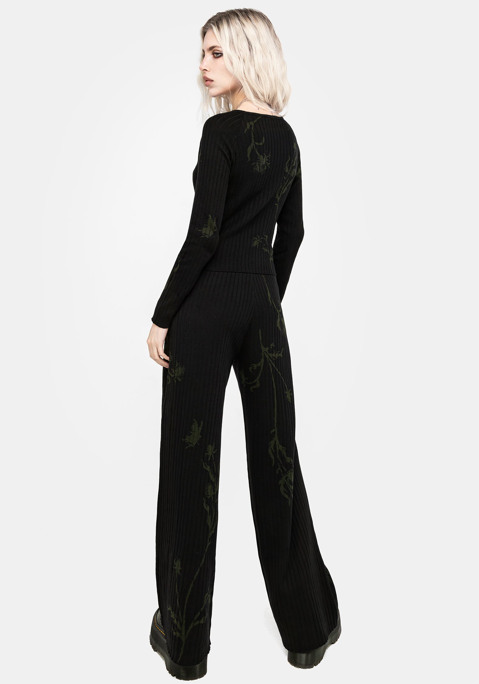 Black Floral Jacquard Rib Knit Top | Diastella