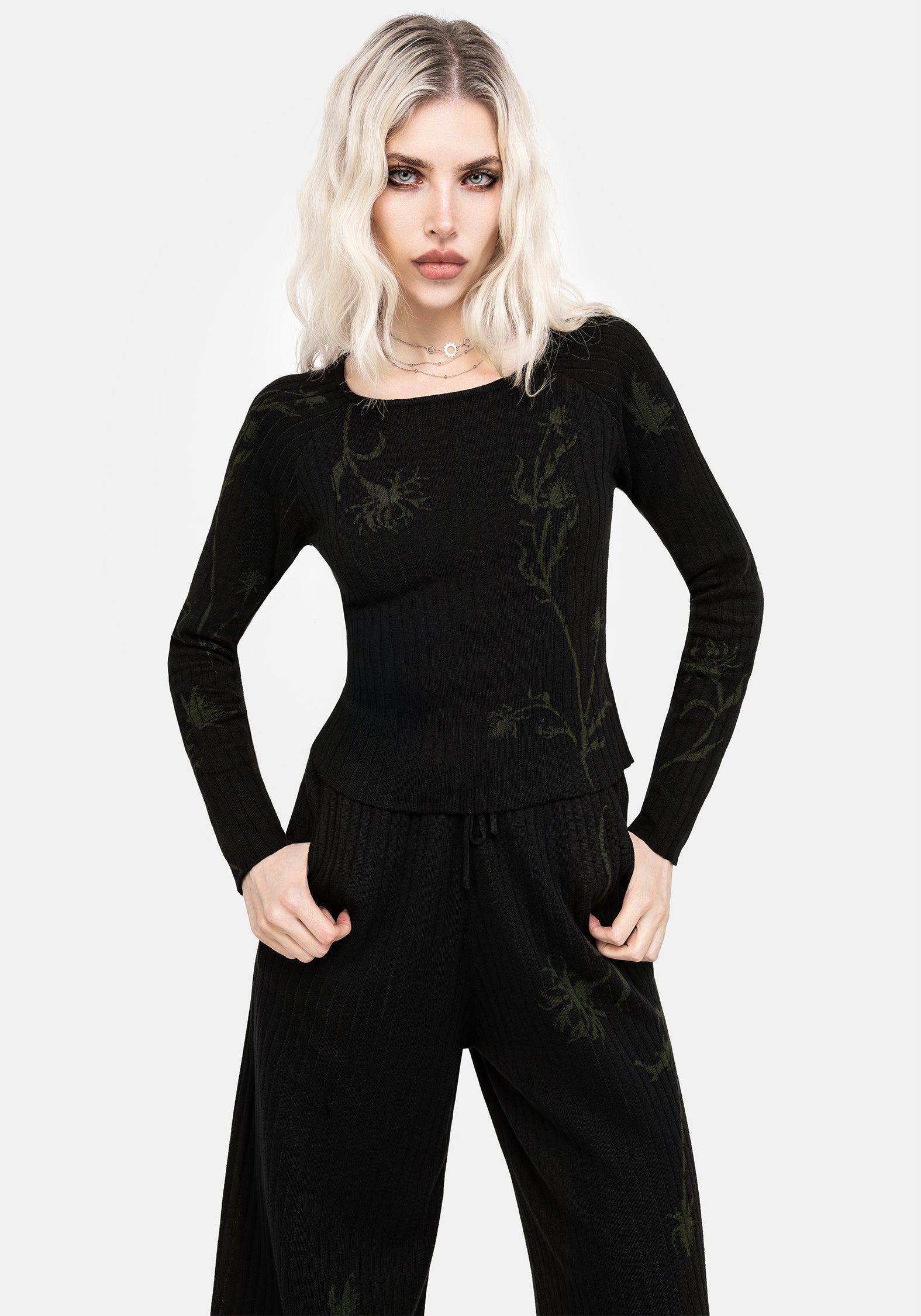 Black Floral Jacquard Rib Knit Top | Diastella