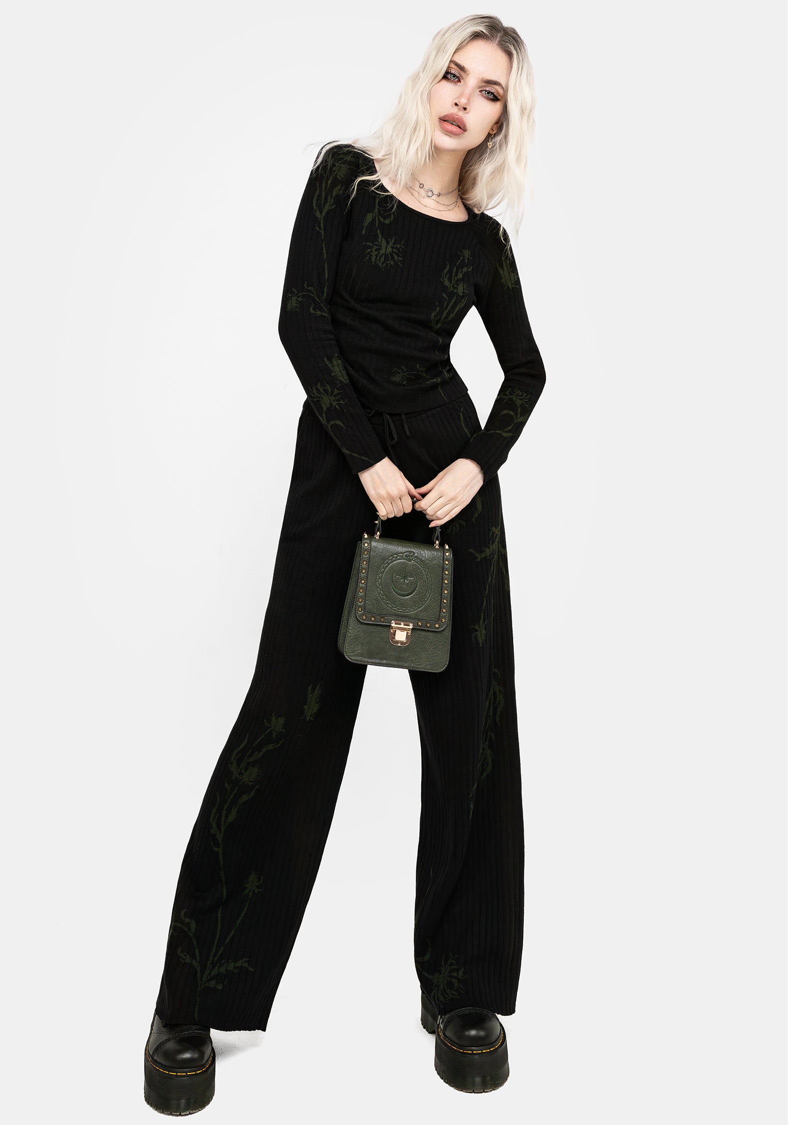 Black Floral Jacquard Rib Knit Top | Diastella