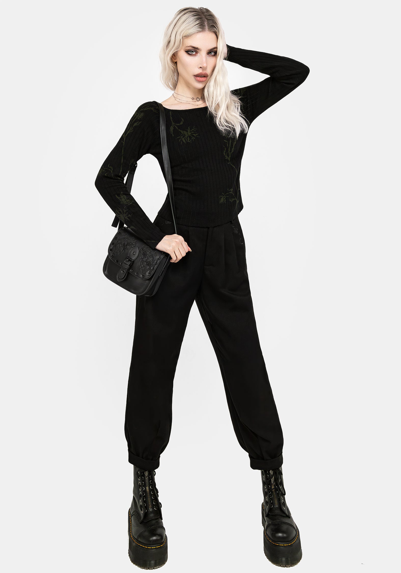 Black Floral Jacquard Rib Knit Top | Diastella