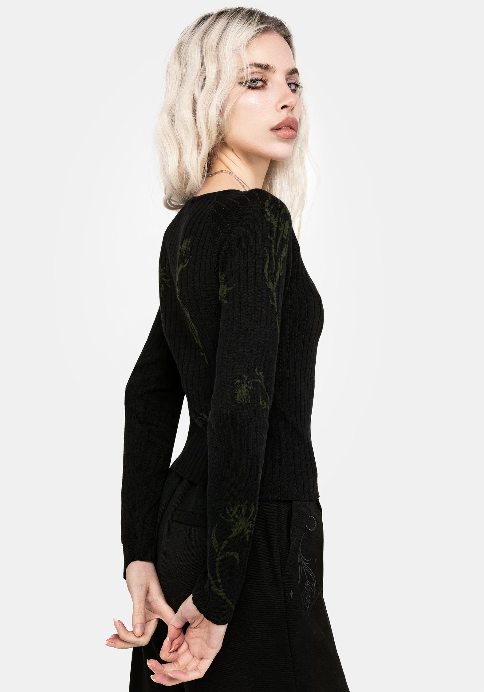 Black Floral Jacquard Rib Knit Top | Diastella