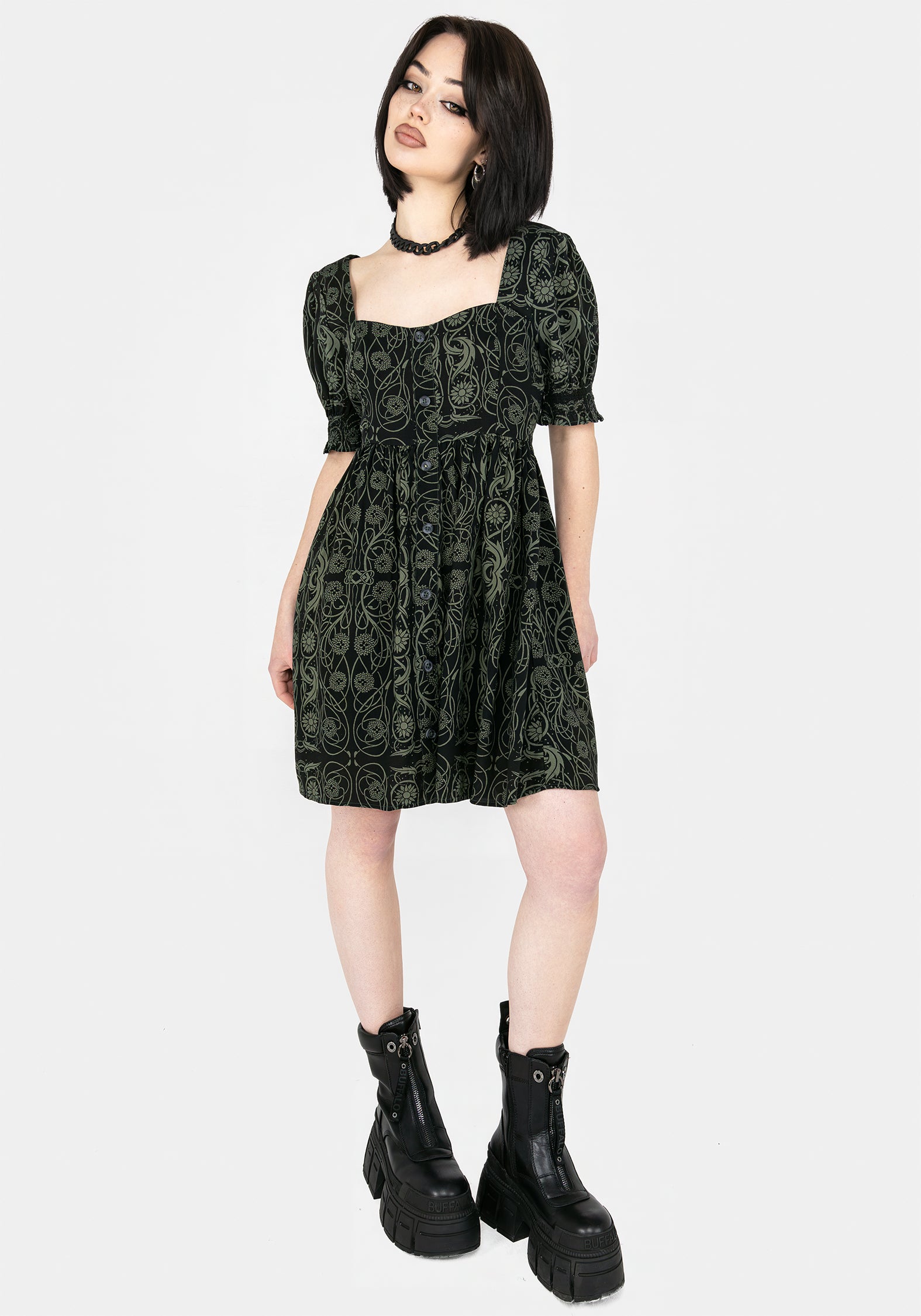 Celtic Print Button-Front Mini Dress with Puff Sleeves | Fianna