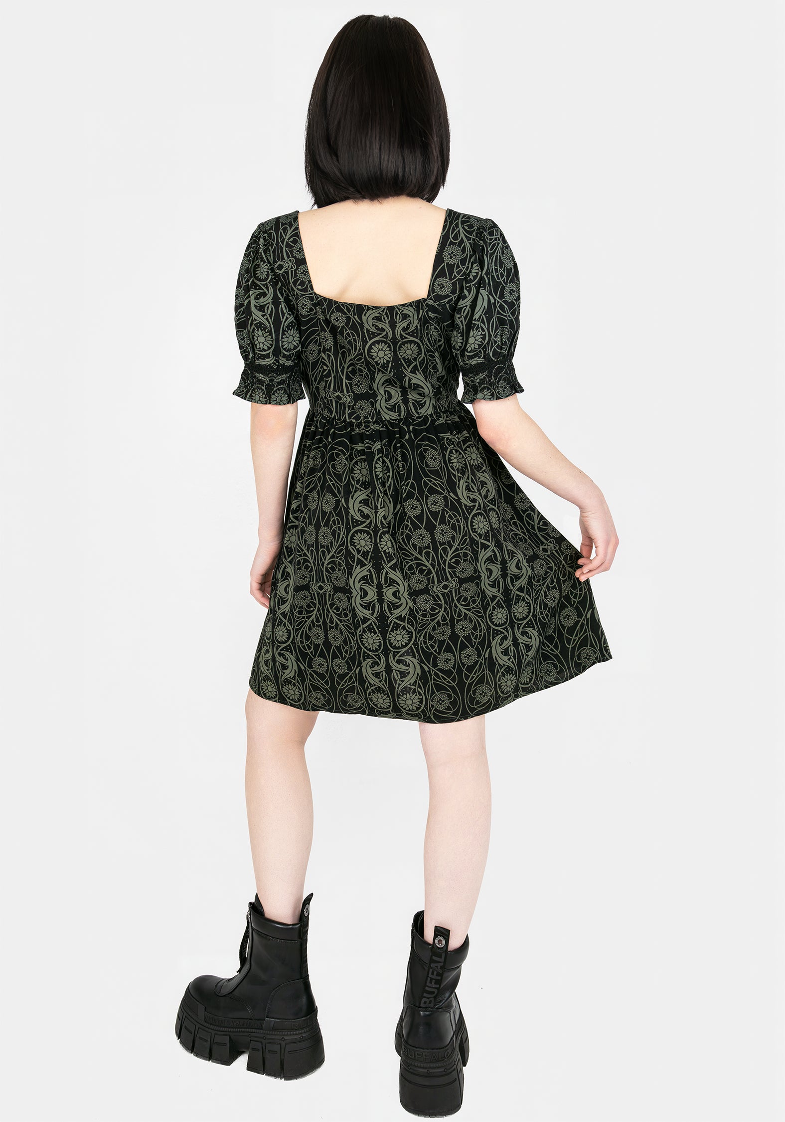 Celtic Print Button-Front Mini Dress with Puff Sleeves | Fianna