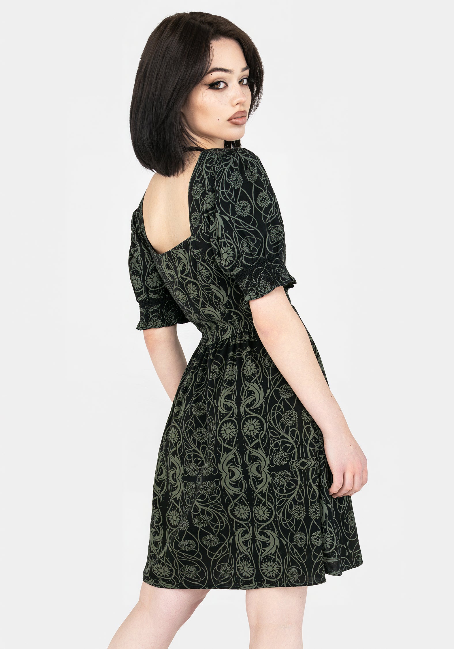 Celtic Print Button-Front Mini Dress with Puff Sleeves | Fianna