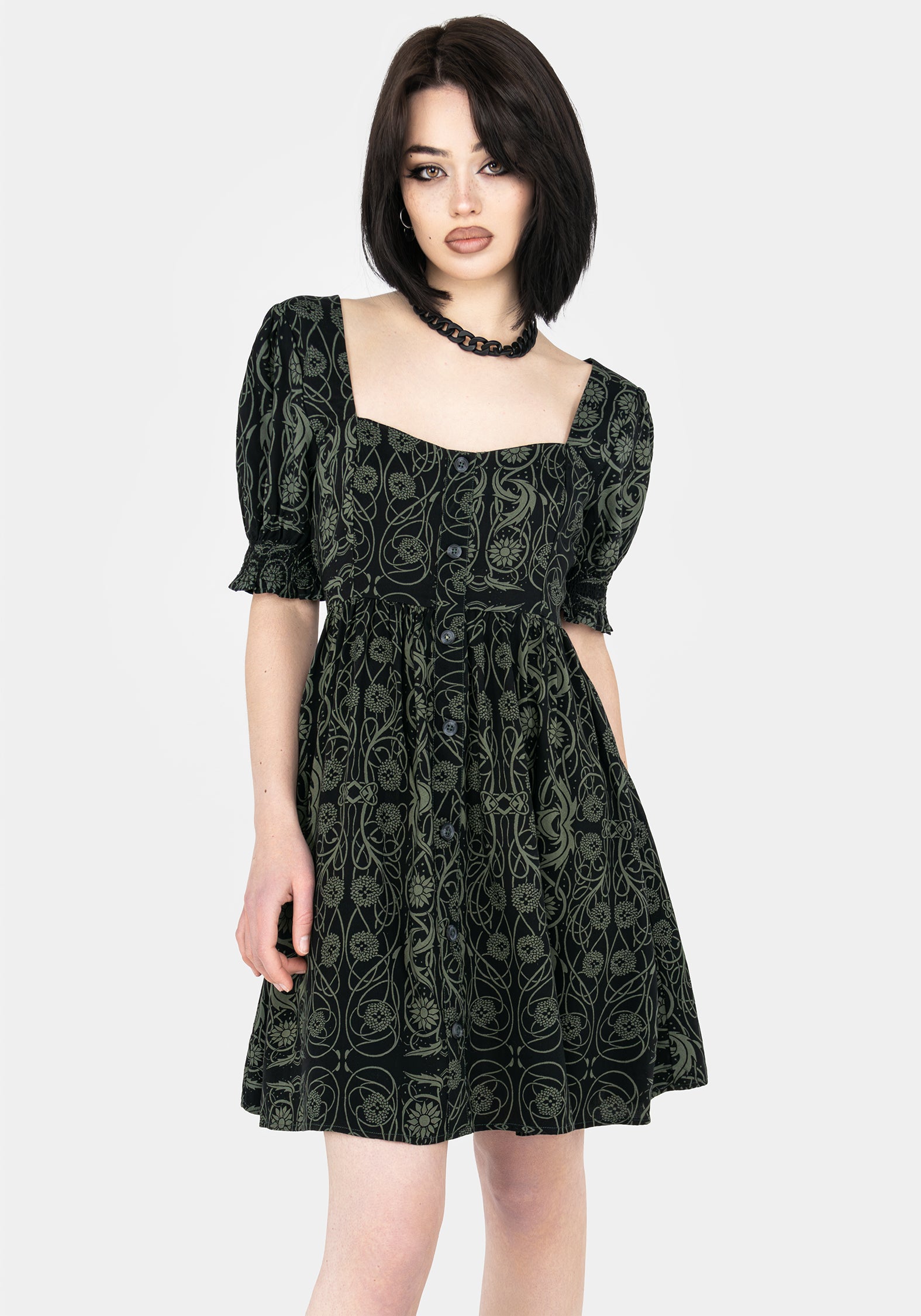 Celtic Print Button-Front Mini Dress with Puff Sleeves | Fianna