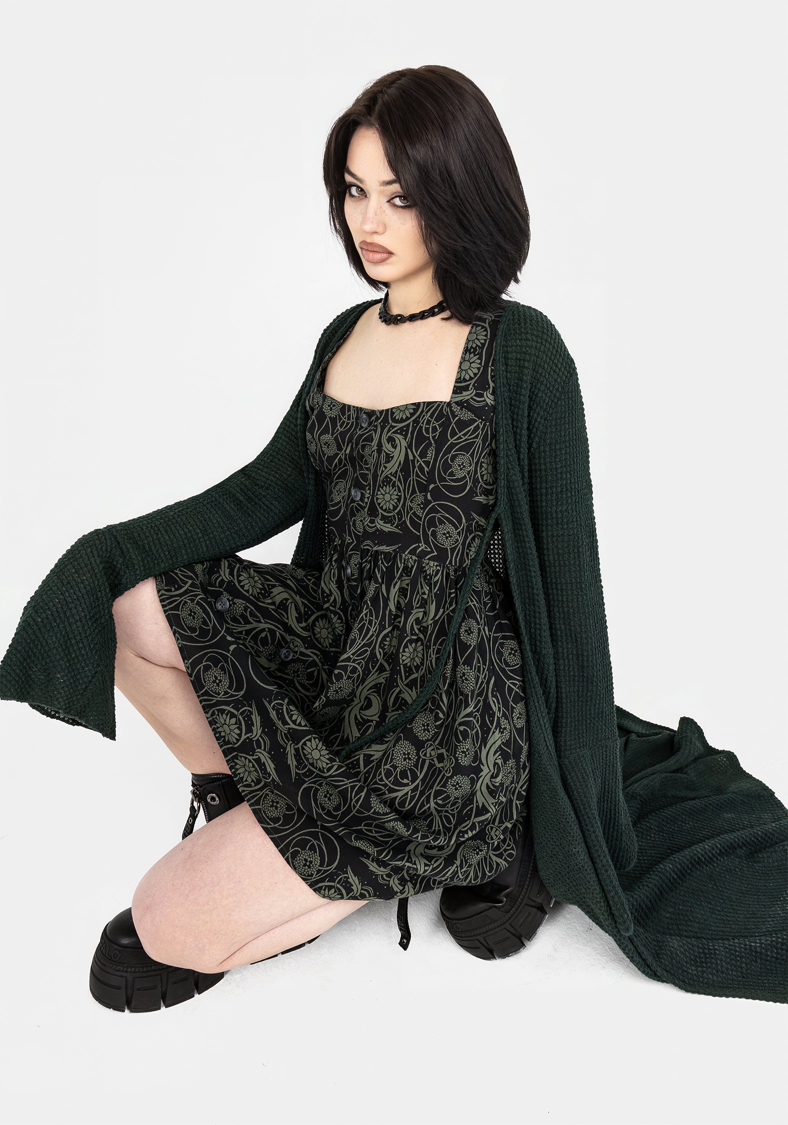 Celtic Print Button-Front Mini Dress with Puff Sleeves | Fianna