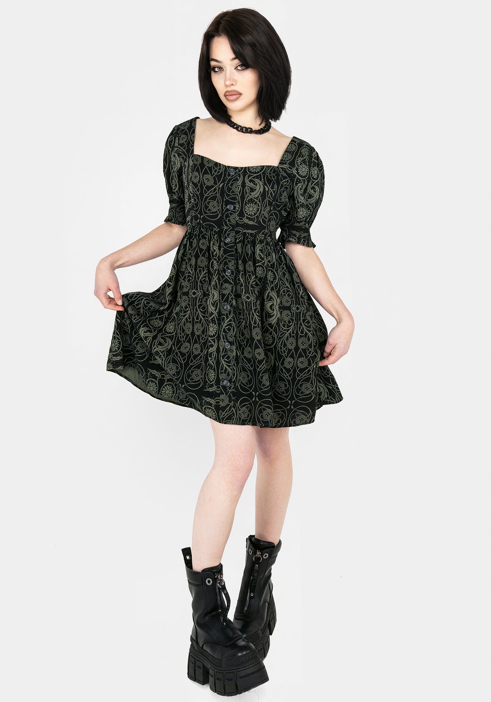 Celtic Print Button-Front Mini Dress with Puff Sleeves | Fianna