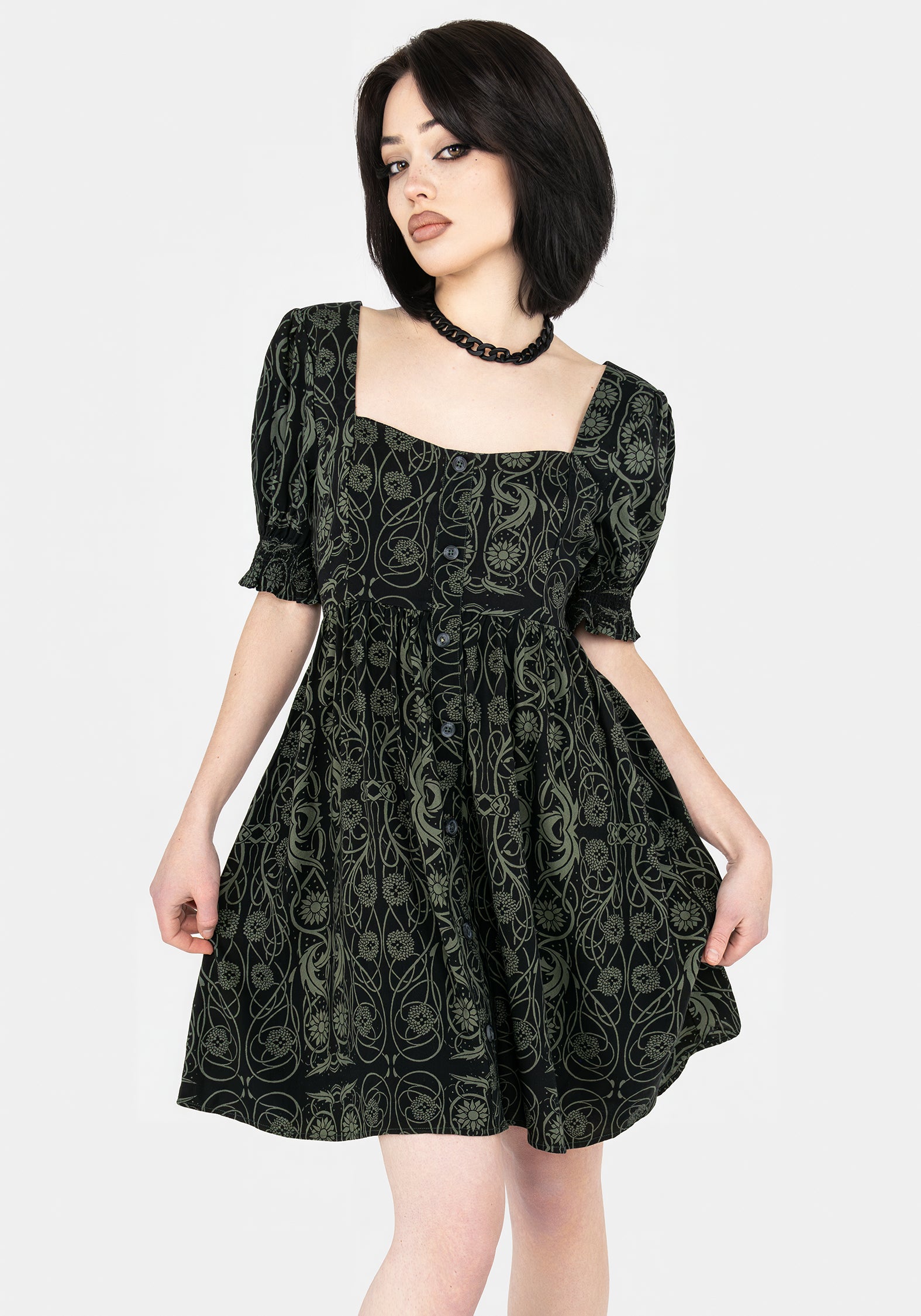 Celtic Print Button-Front Mini Dress with Puff Sleeves | Fianna
