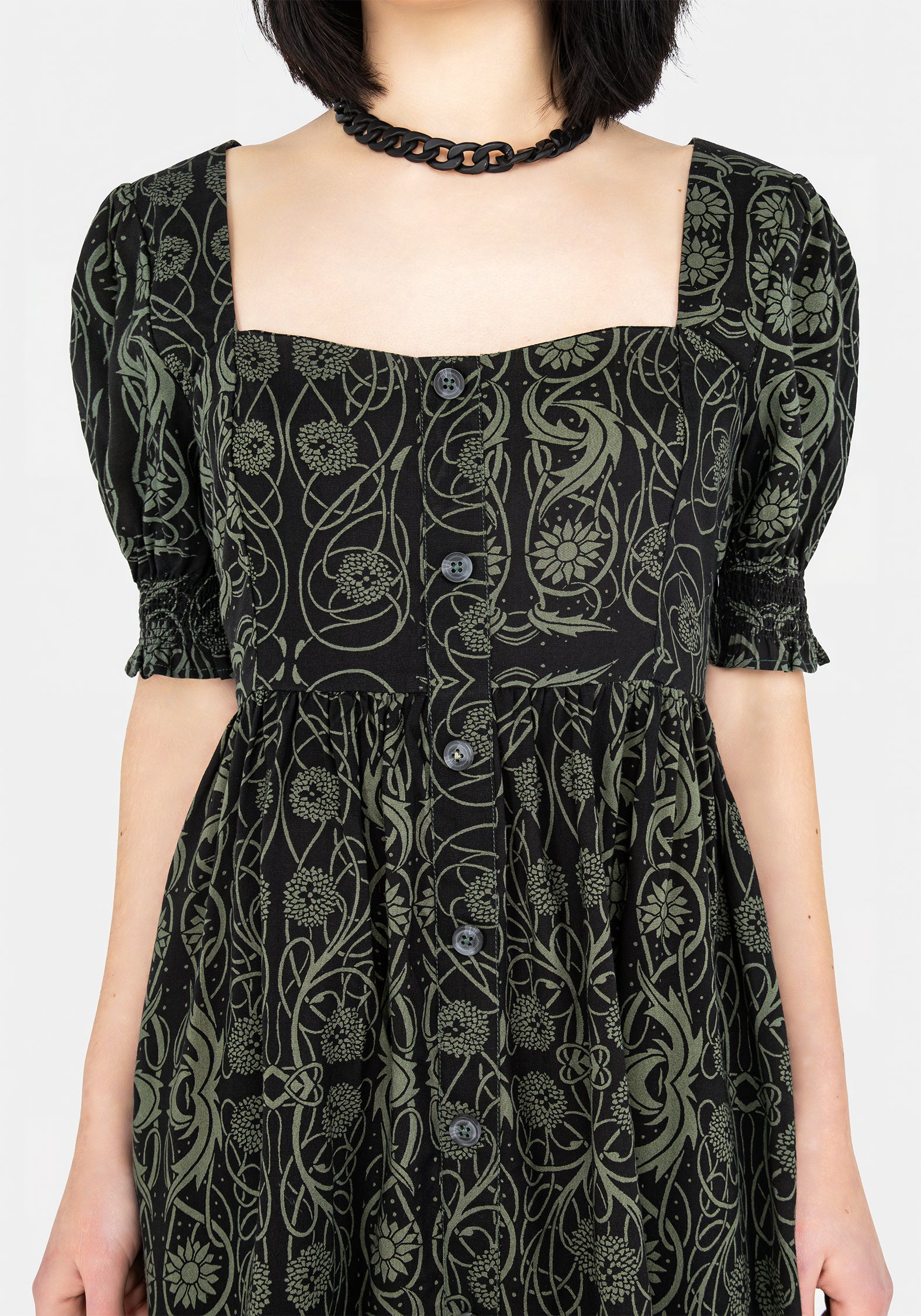 Celtic Print Button-Front Mini Dress with Puff Sleeves | Fianna