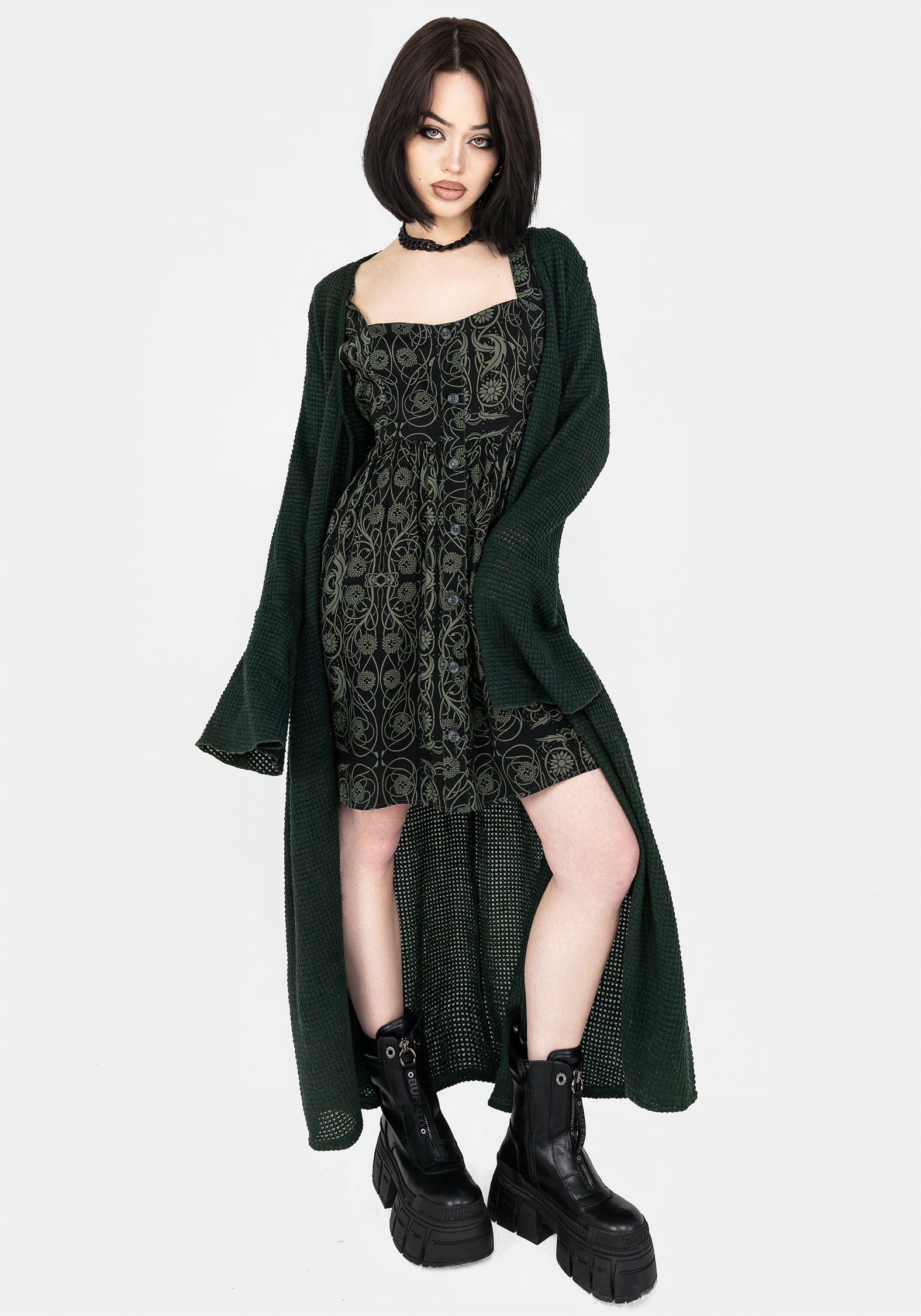 Celtic Print Button-Front Mini Dress with Puff Sleeves | Fianna
