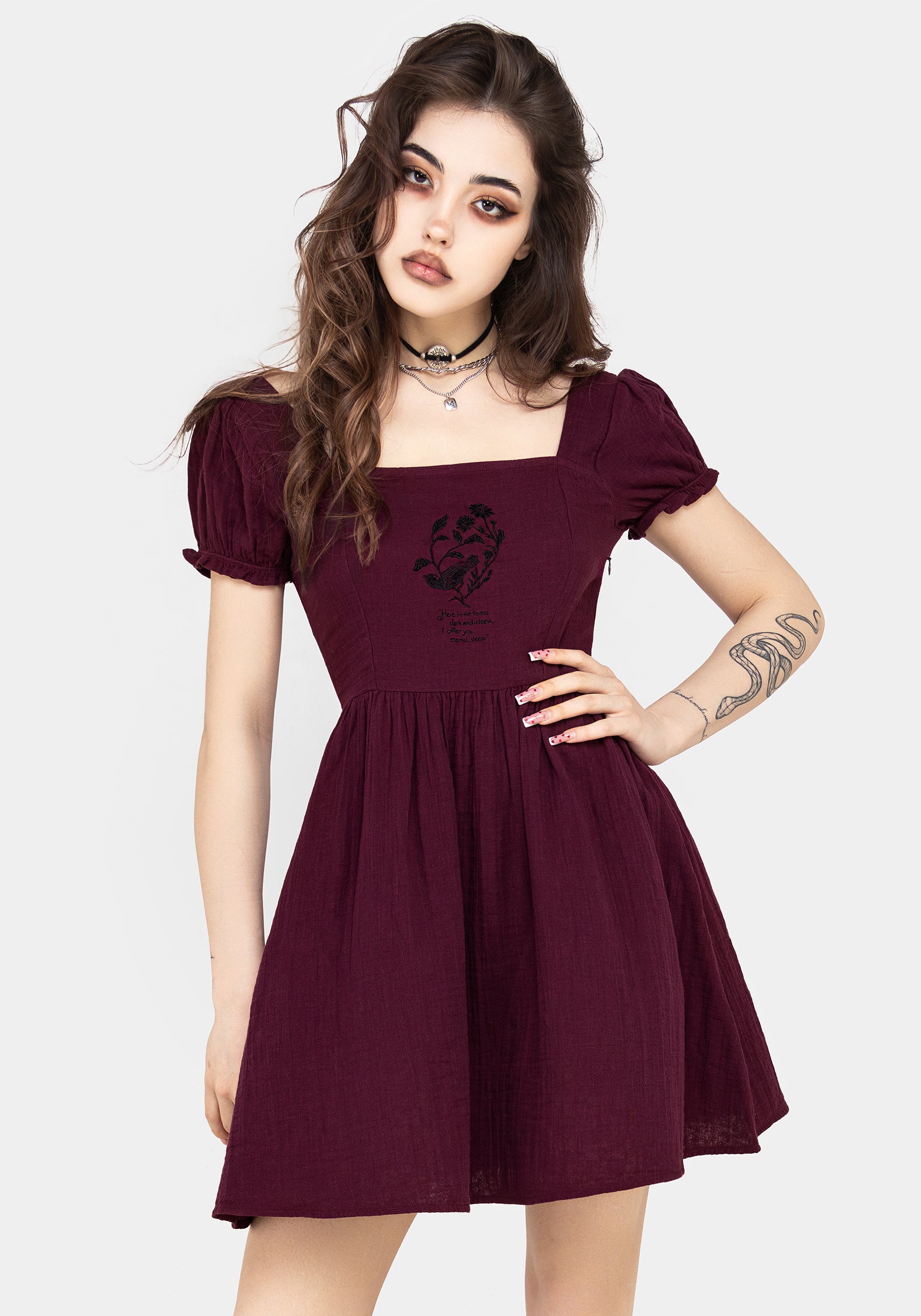 Floral Embroidered Cotton Mini Dress with Puff Sleeves | Frances