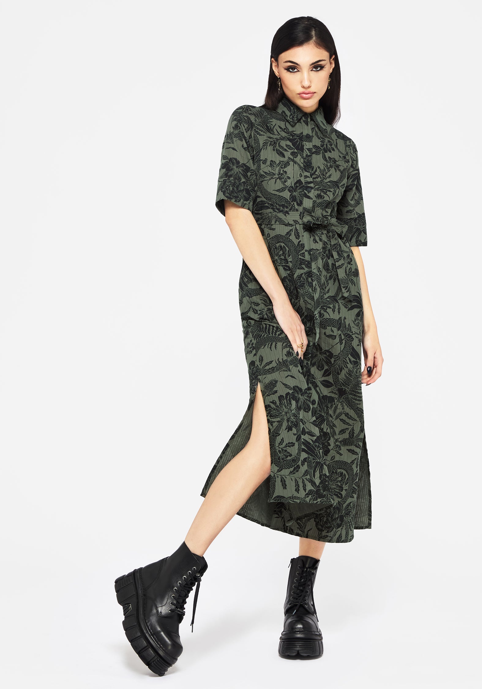 Green Cotton Shirt Dress with Pockets & Tie Waist | Bashe