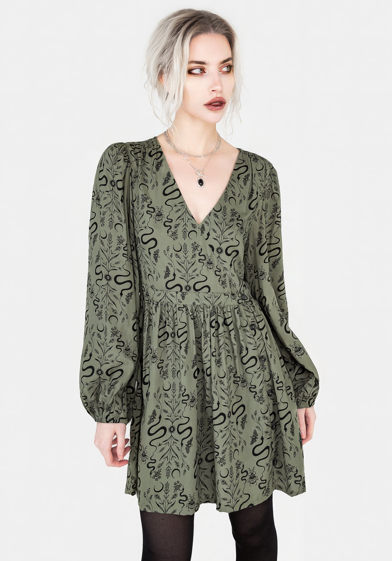 Green Snake Print Mini Dress with V-Neck & Puff Sleeves | Dominion