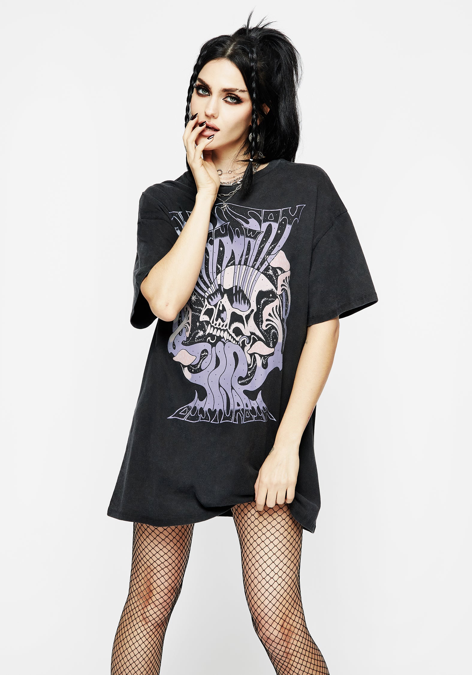 Black Graphic Tee Dress with Mushroom & Skull Print | Just Say Know