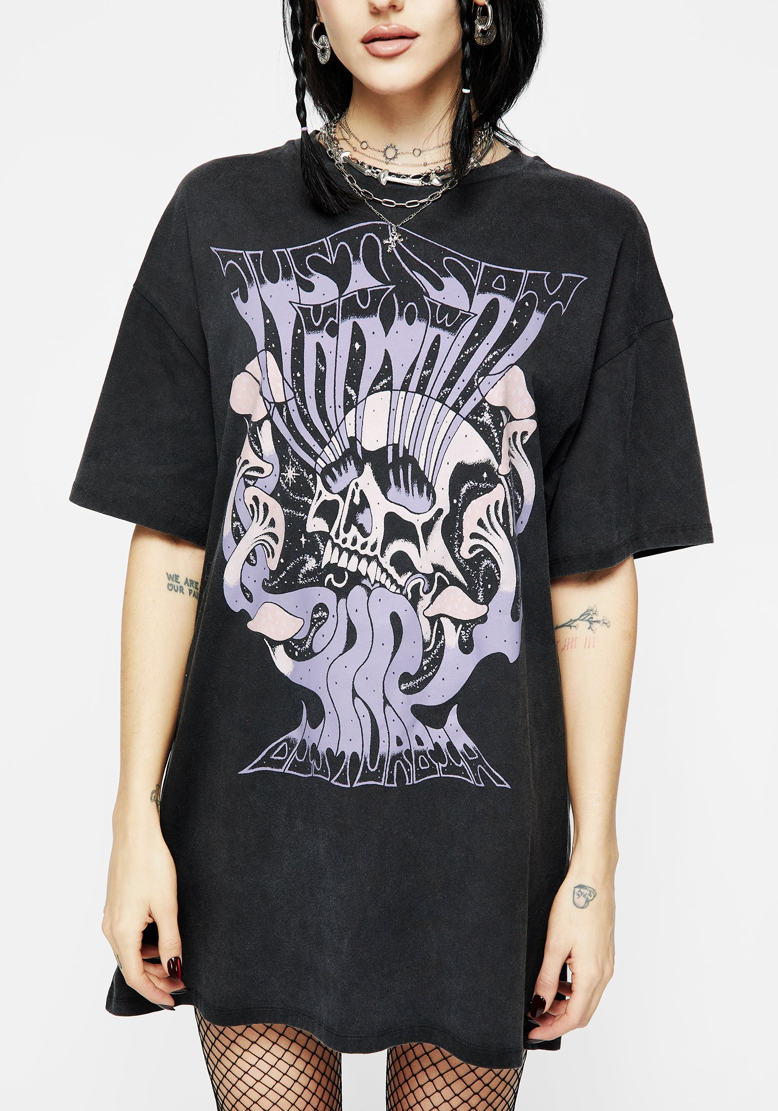 Black Graphic Tee Dress with Mushroom & Skull Print | Just Say Know