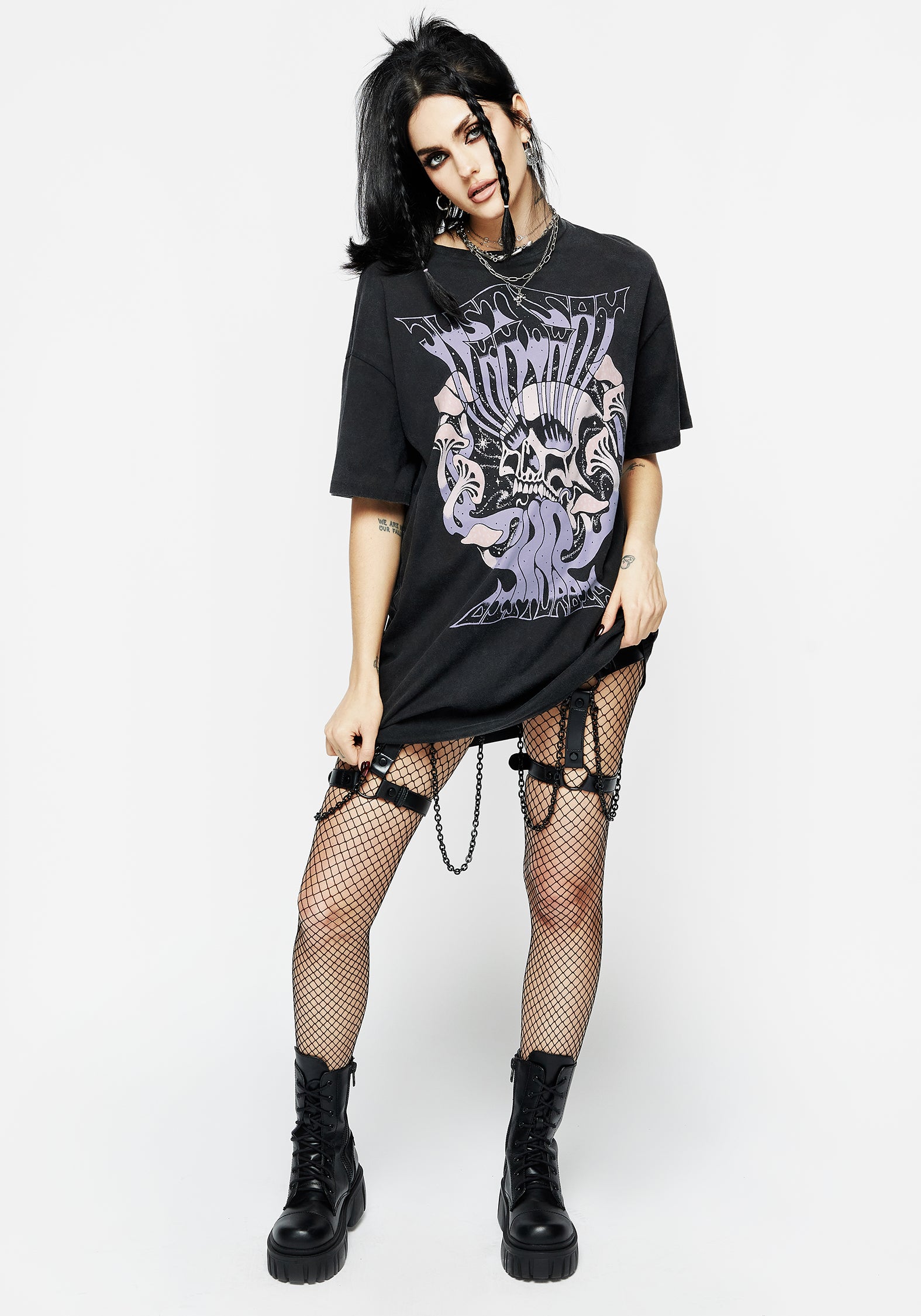 Black Graphic Tee Dress with Mushroom & Skull Print | Just Say Know