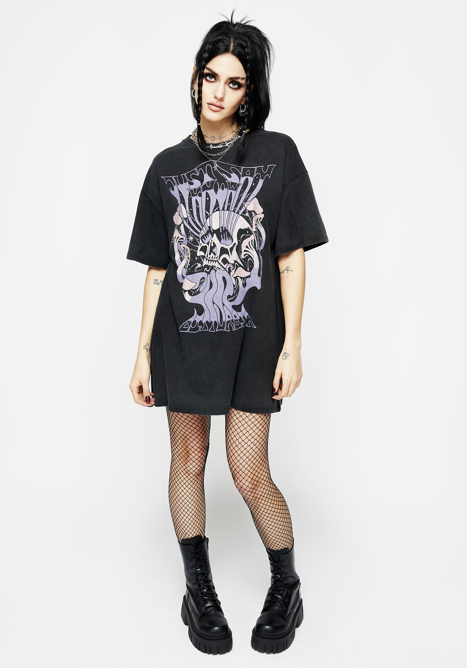 Black Graphic Tee Dress with Mushroom & Skull Print | Just Say Know
