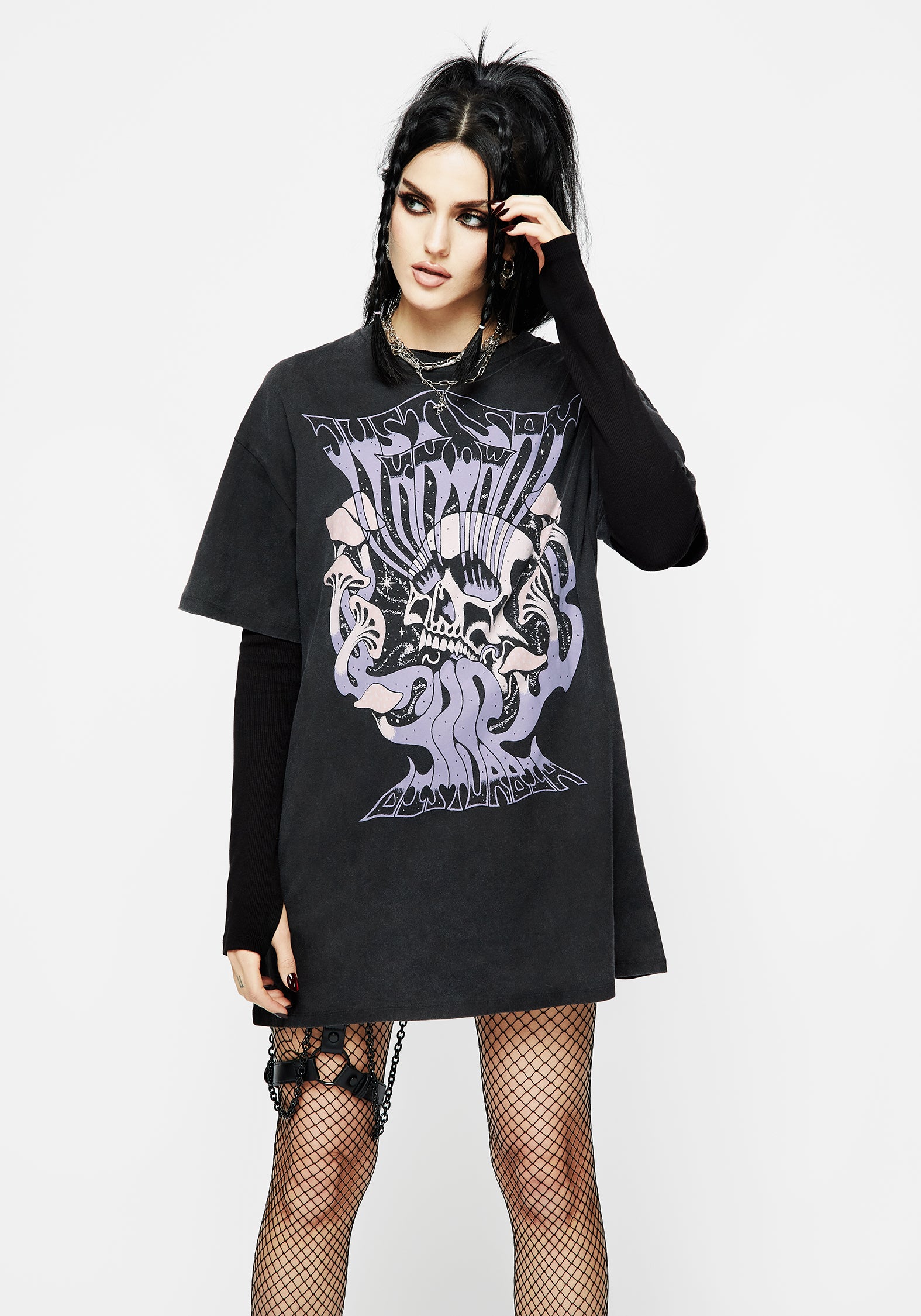 Black Graphic Tee Dress with Mushroom & Skull Print | Just Say Know