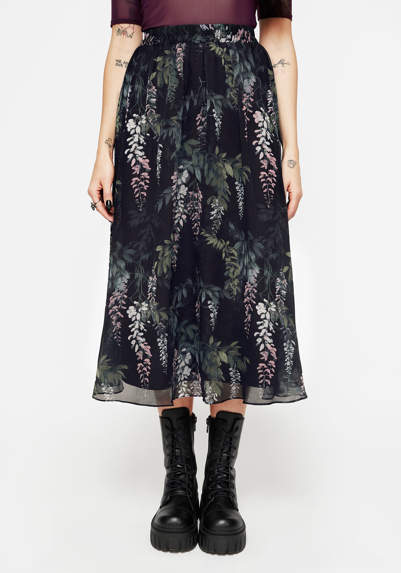 Floral Print Chiffon Midi Skirt with Elastic Waist | Wisteria Design