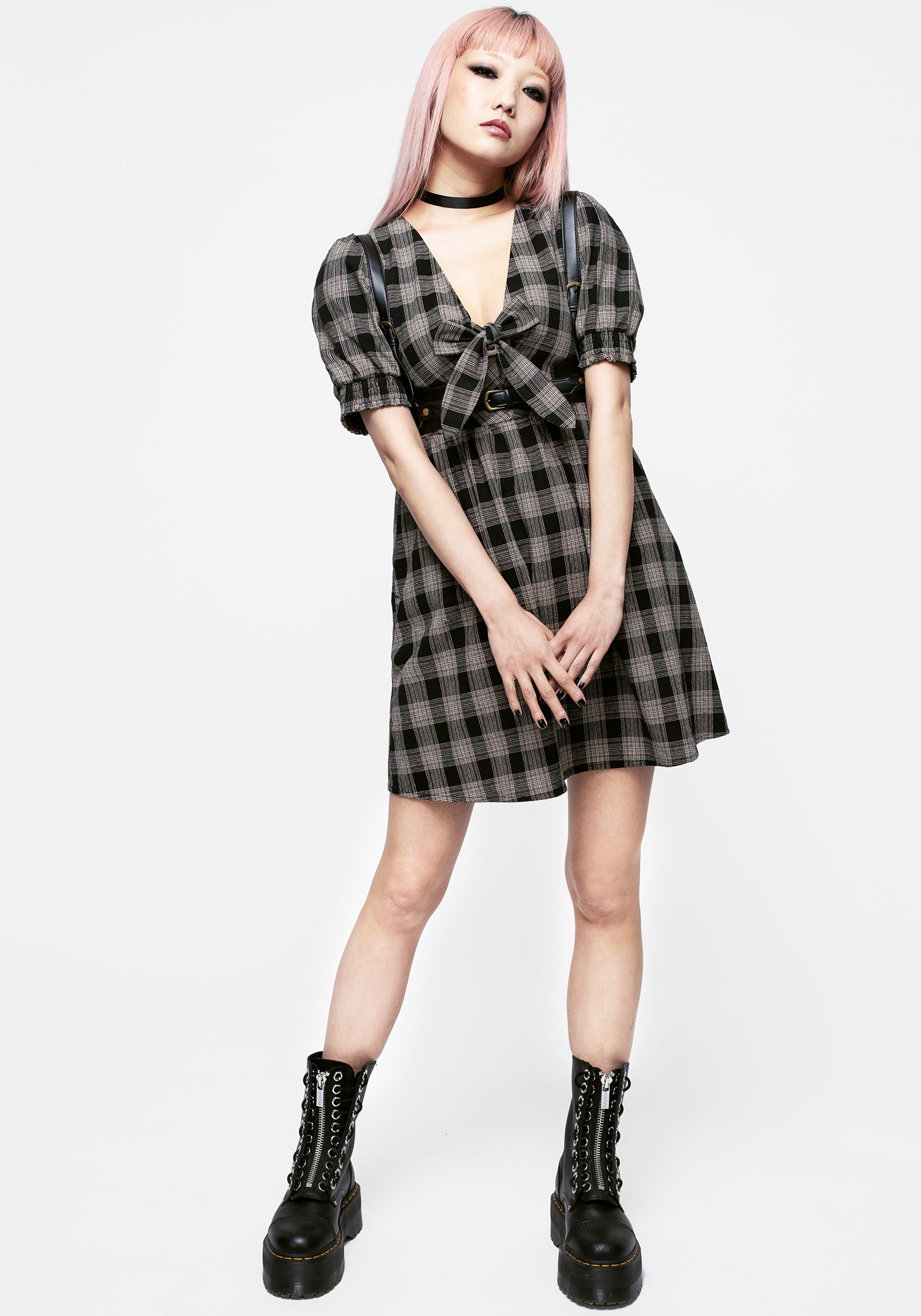 Black & Cream Check Mini Dress with V-Neck & Puff Sleeves | Glenda