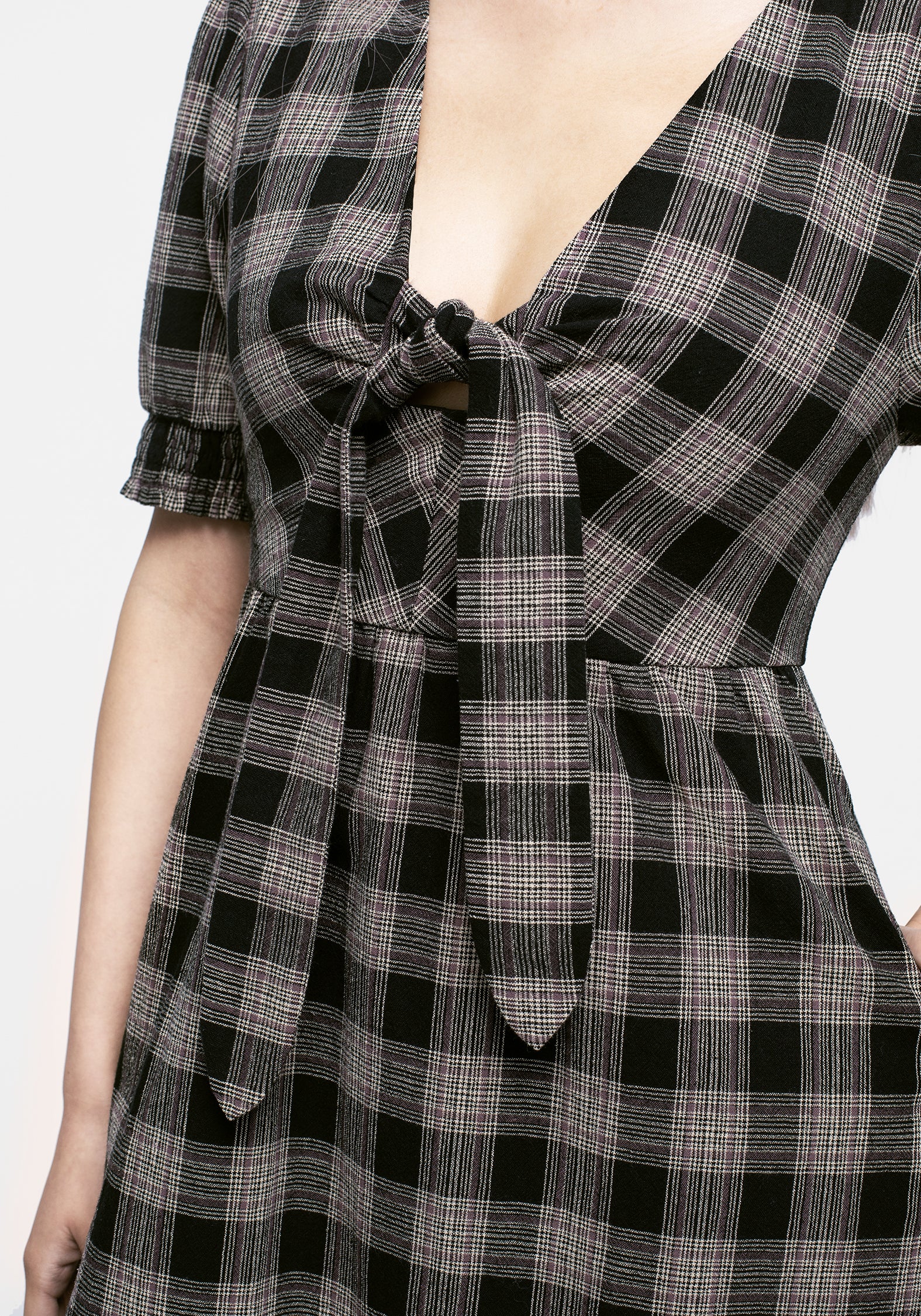 Black & Cream Check Mini Dress with V-Neck & Puff Sleeves | Glenda
