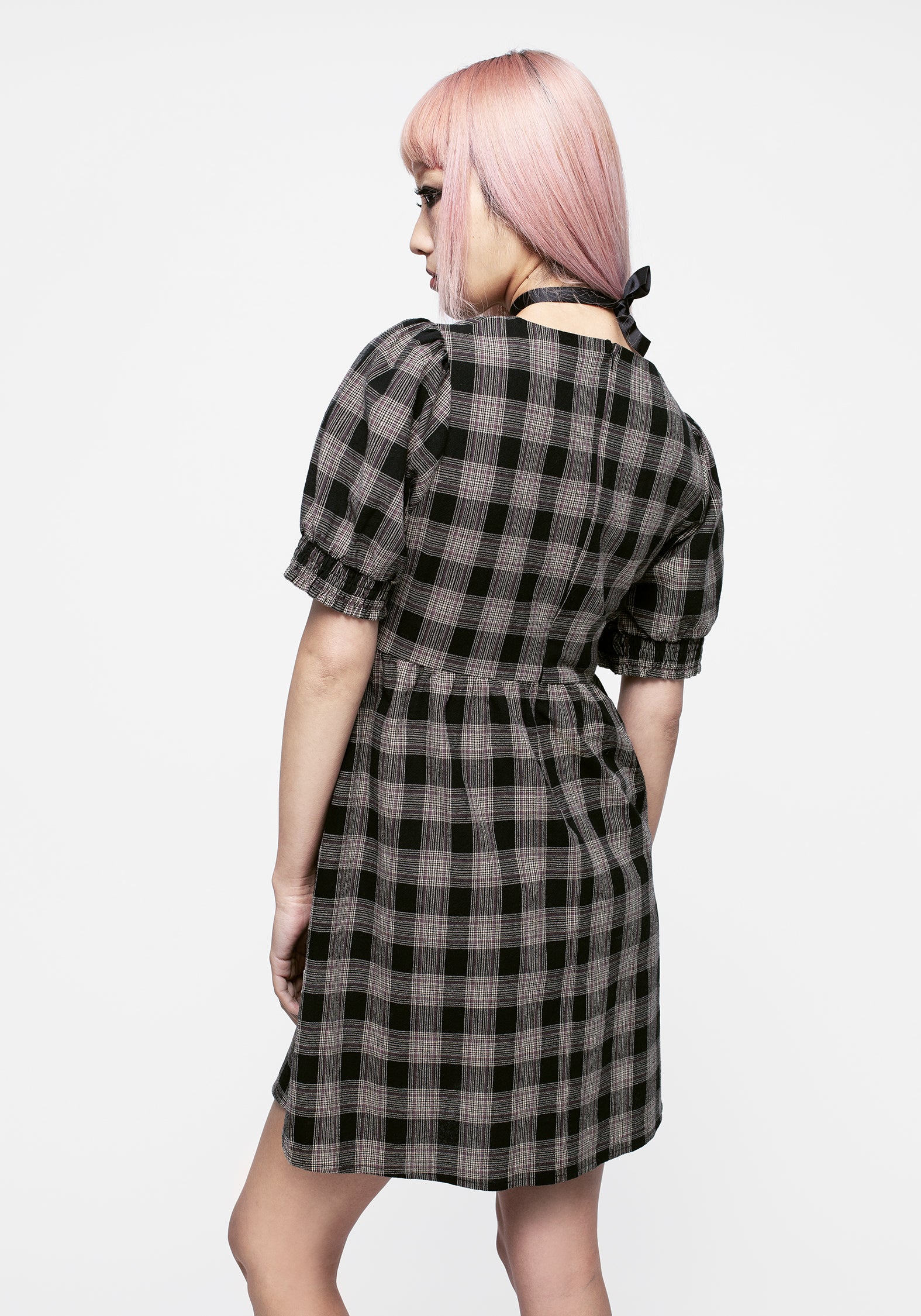 Black & Cream Check Mini Dress with V-Neck & Puff Sleeves | Glenda