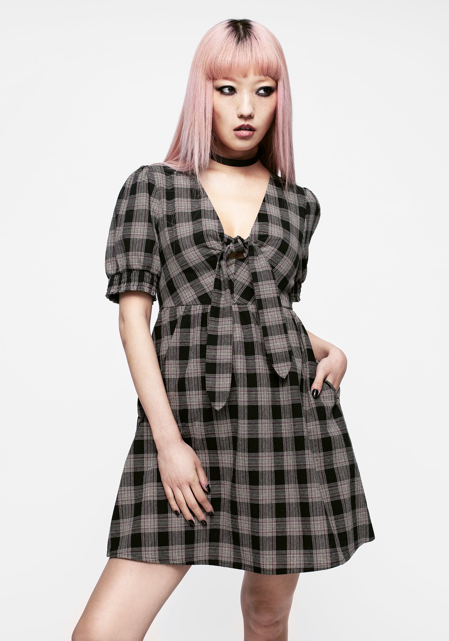 Black & Cream Check Mini Dress with V-Neck & Puff Sleeves | Glenda