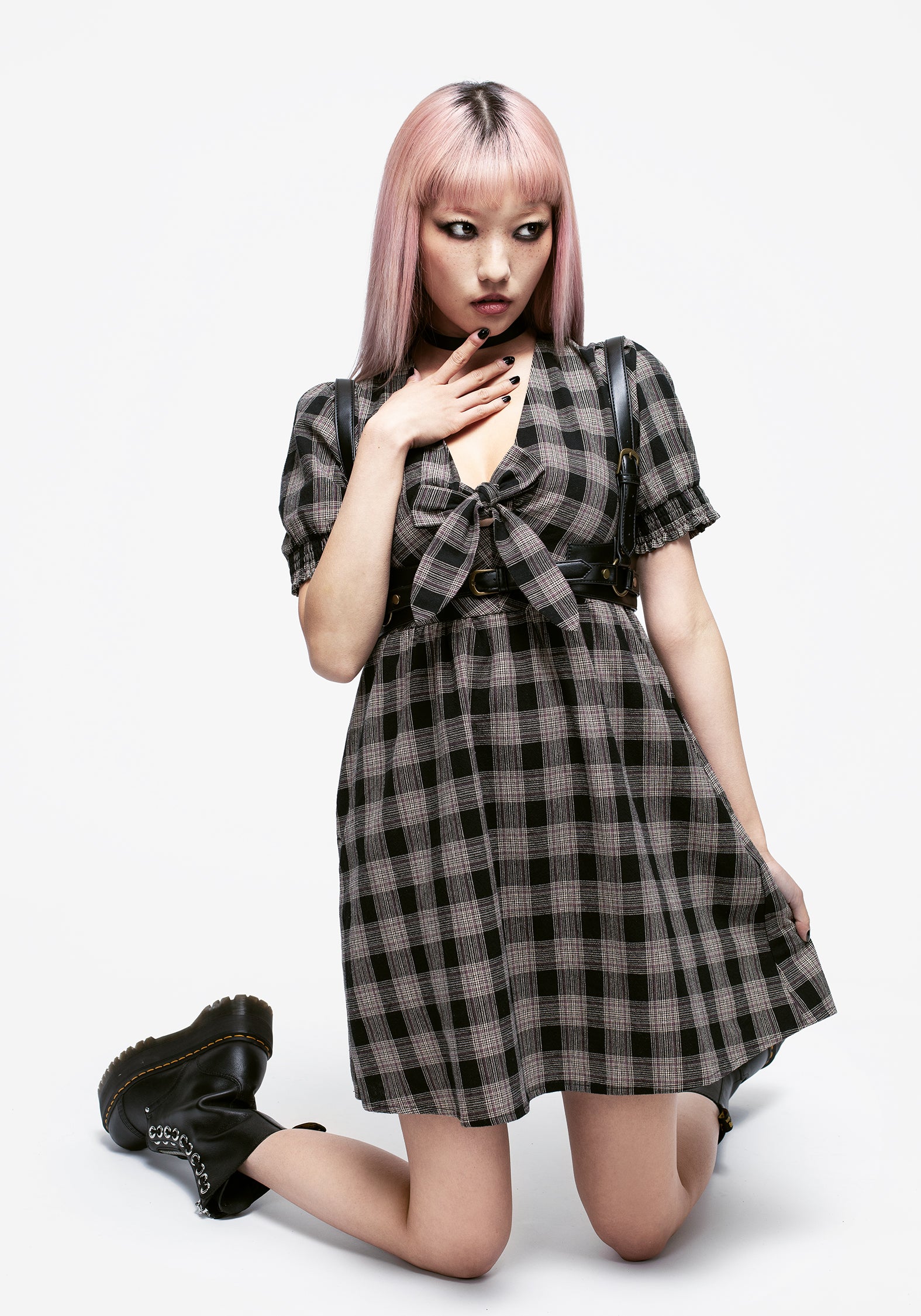 Black & Cream Check Mini Dress with V-Neck & Puff Sleeves | Glenda