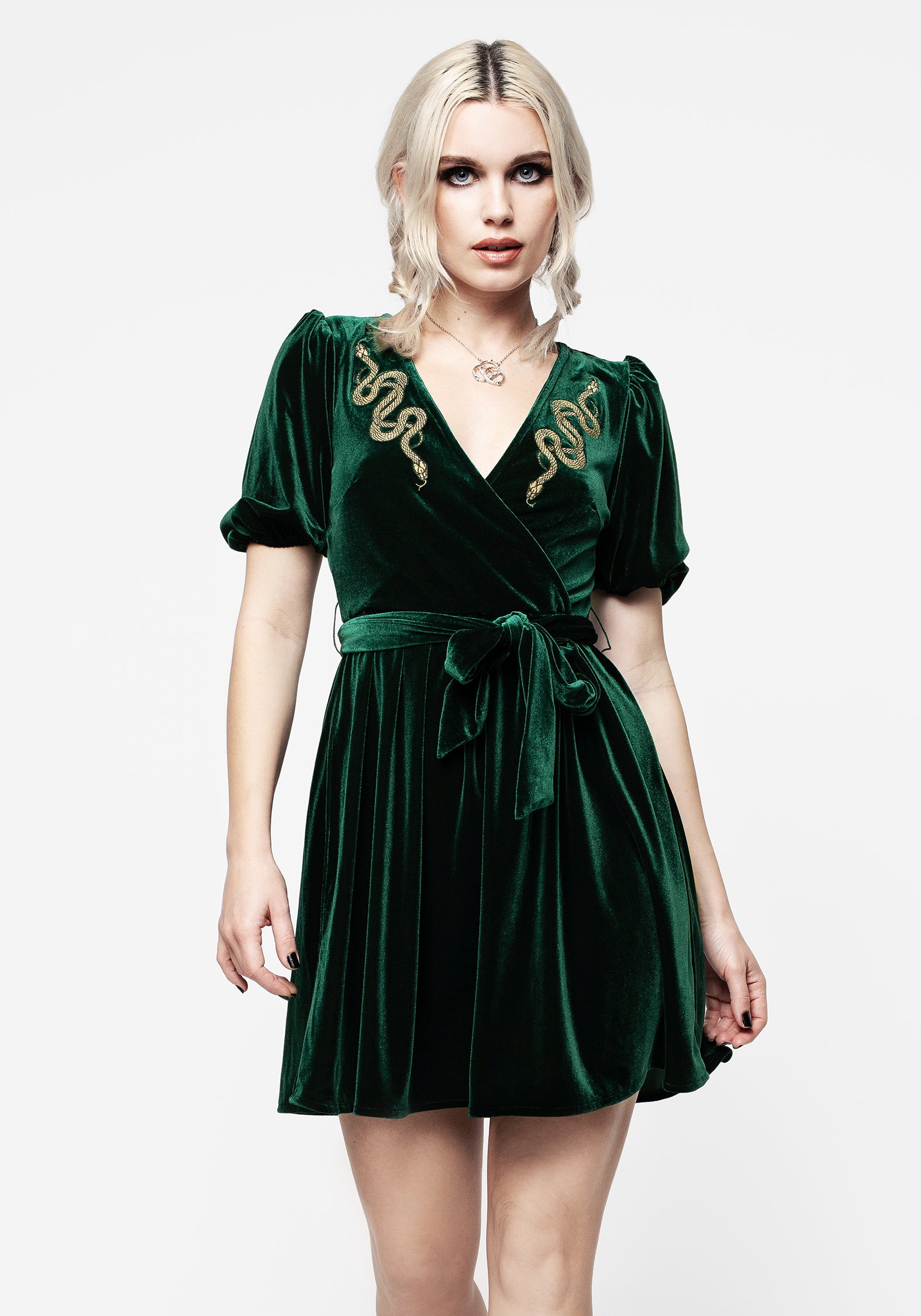 Green Velvet Mini Wrap Dress with Snake Embroidery | Zarina