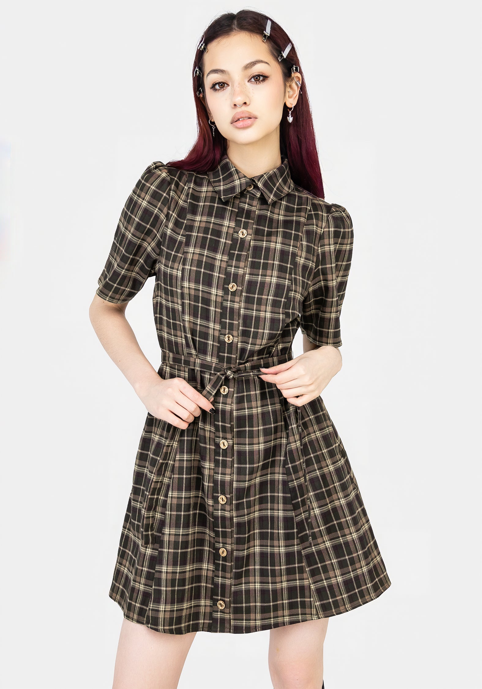 Green Check Mini Shirt Dress with Waist Belt & Pockets | Beatrice