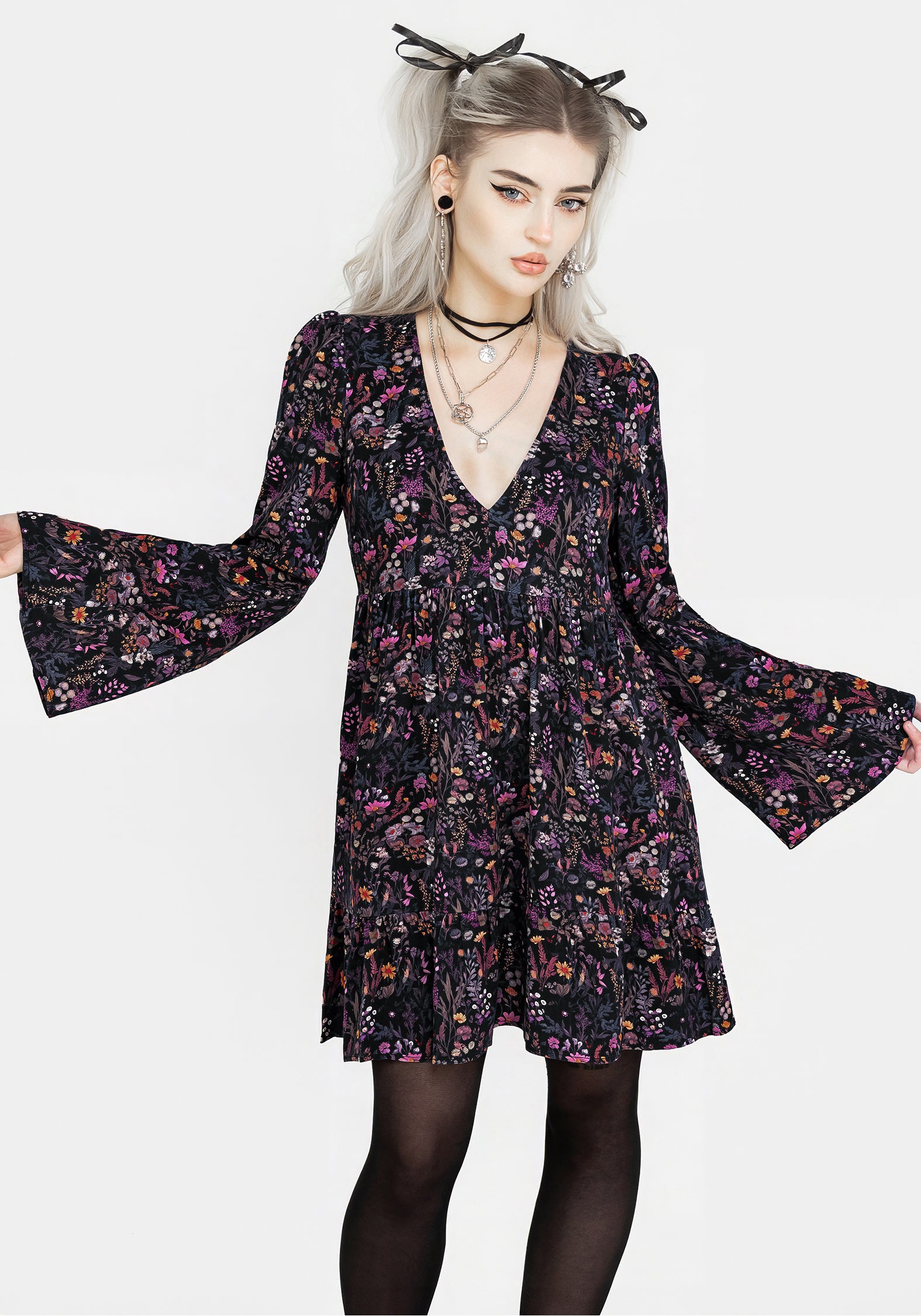 Black & Purple Floral Mini Smock Dress with V-Neck & Flared Sleeves | Heliotrope