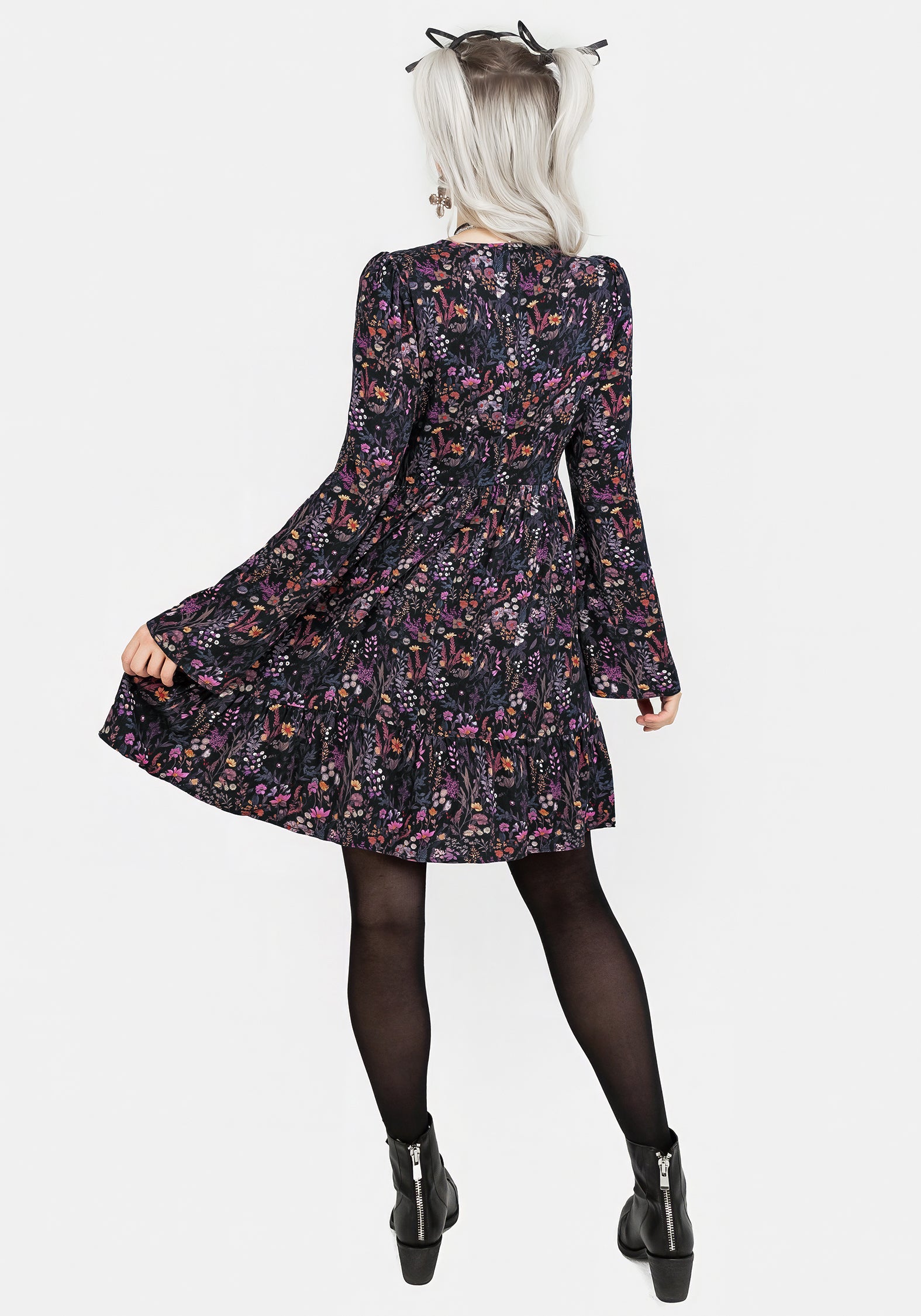 Black & Purple Floral Mini Smock Dress with V-Neck & Flared Sleeves | Heliotrope